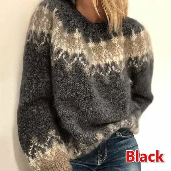 Amozae- New Women's Wishebay Autumn/winter Casual Loose-fit Angora Knit Jacquard Sweater Crew Neck Style For Stylish Ladies