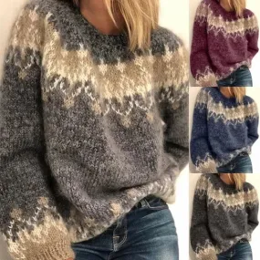 Amozae- New Women's Wishebay Autumn/winter Casual Loose-fit Angora Knit Jacquard Sweater Crew Neck Style For Stylish Ladies