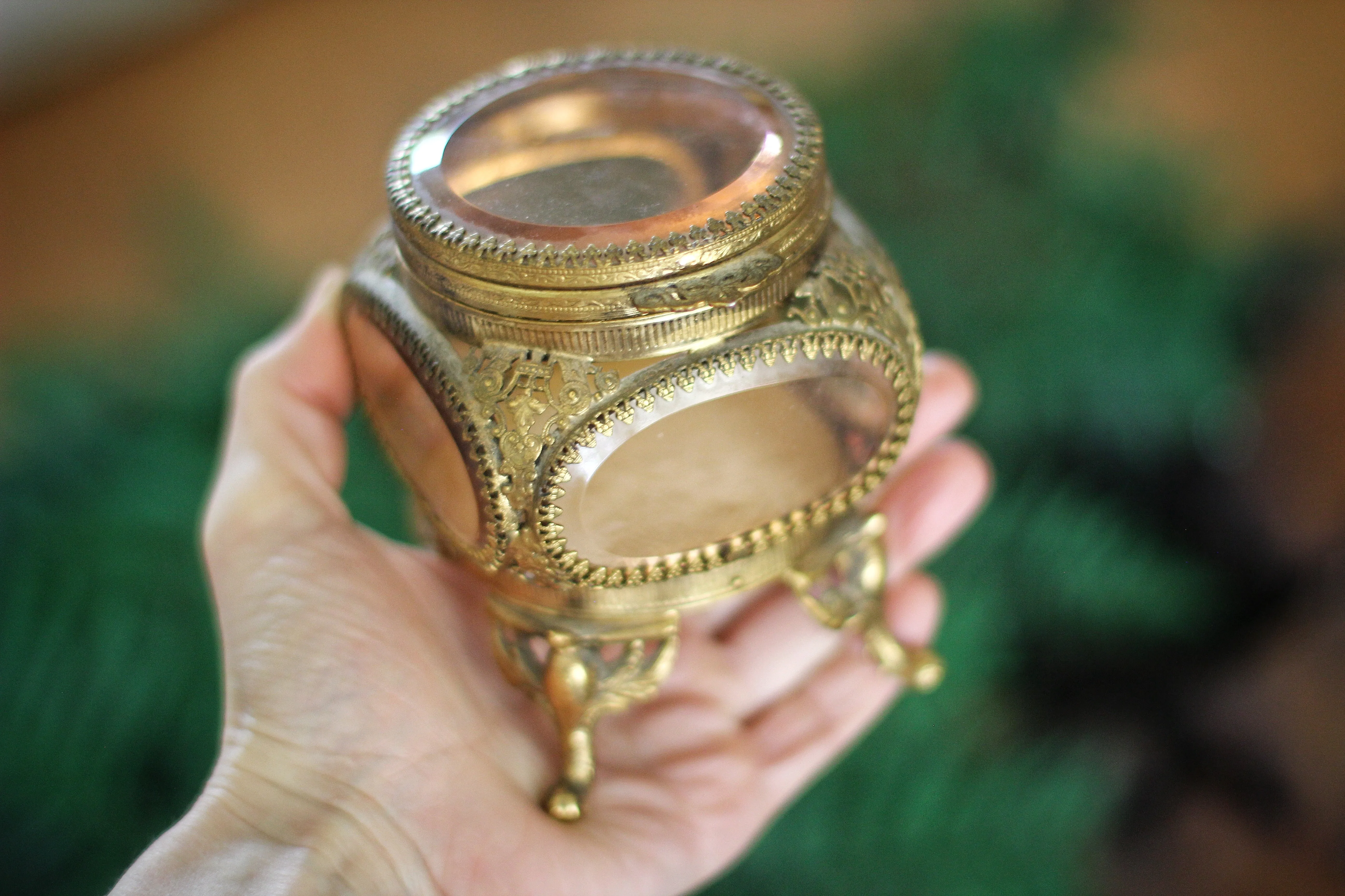 Antique Amber Tinted Glass Pedestal Jewelry Box