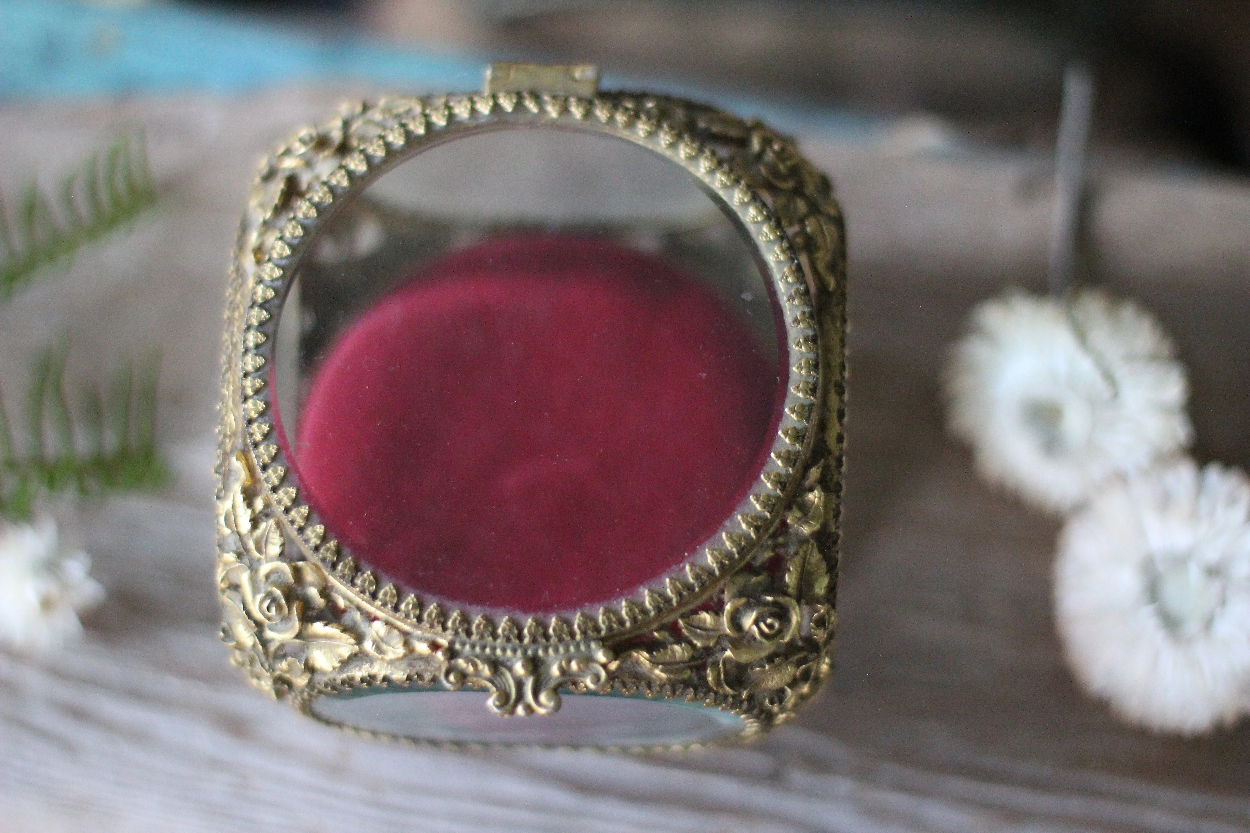 Antique Floral Red Velvet Matson Jewelry Box