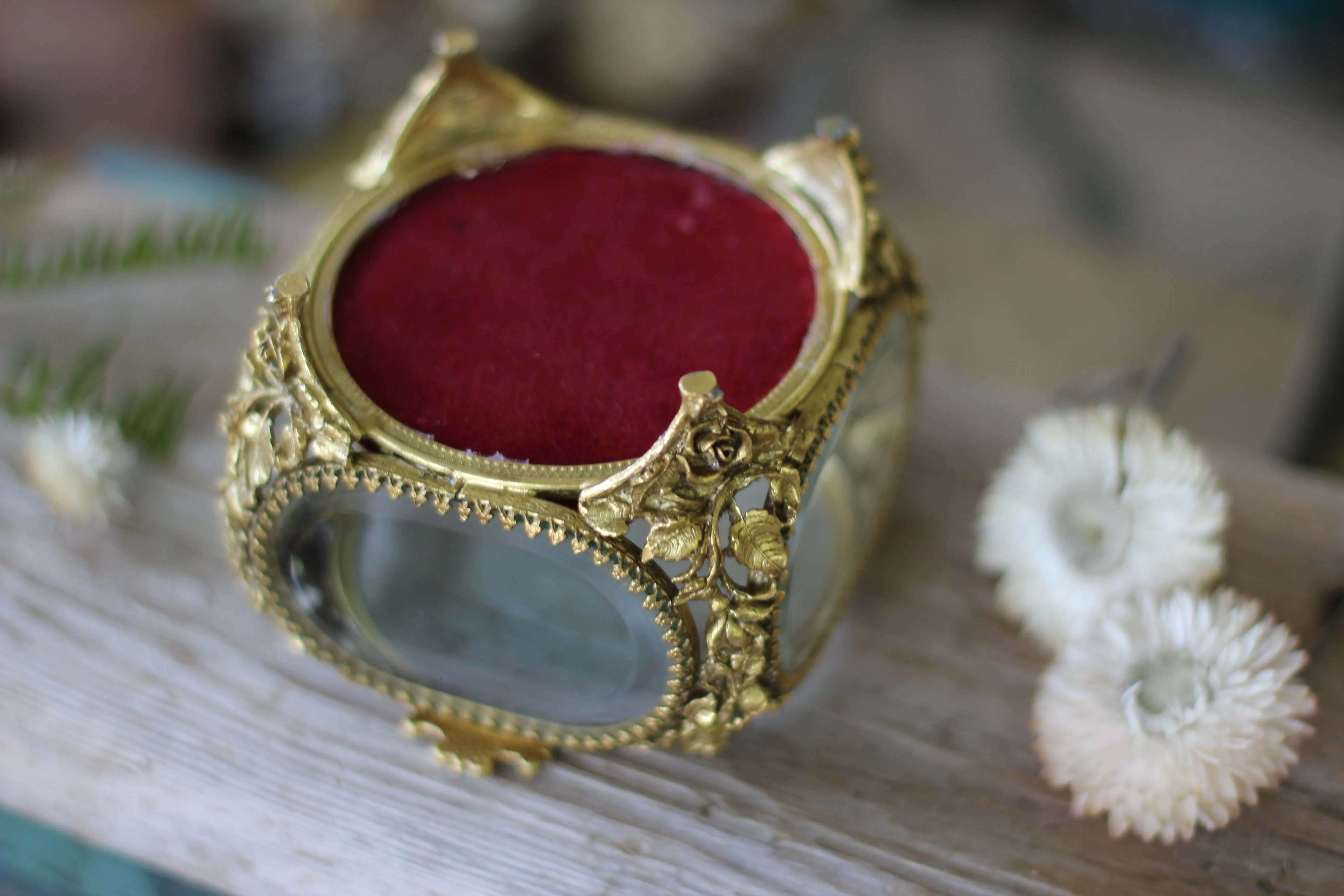 Antique Floral Red Velvet Matson Jewelry Box