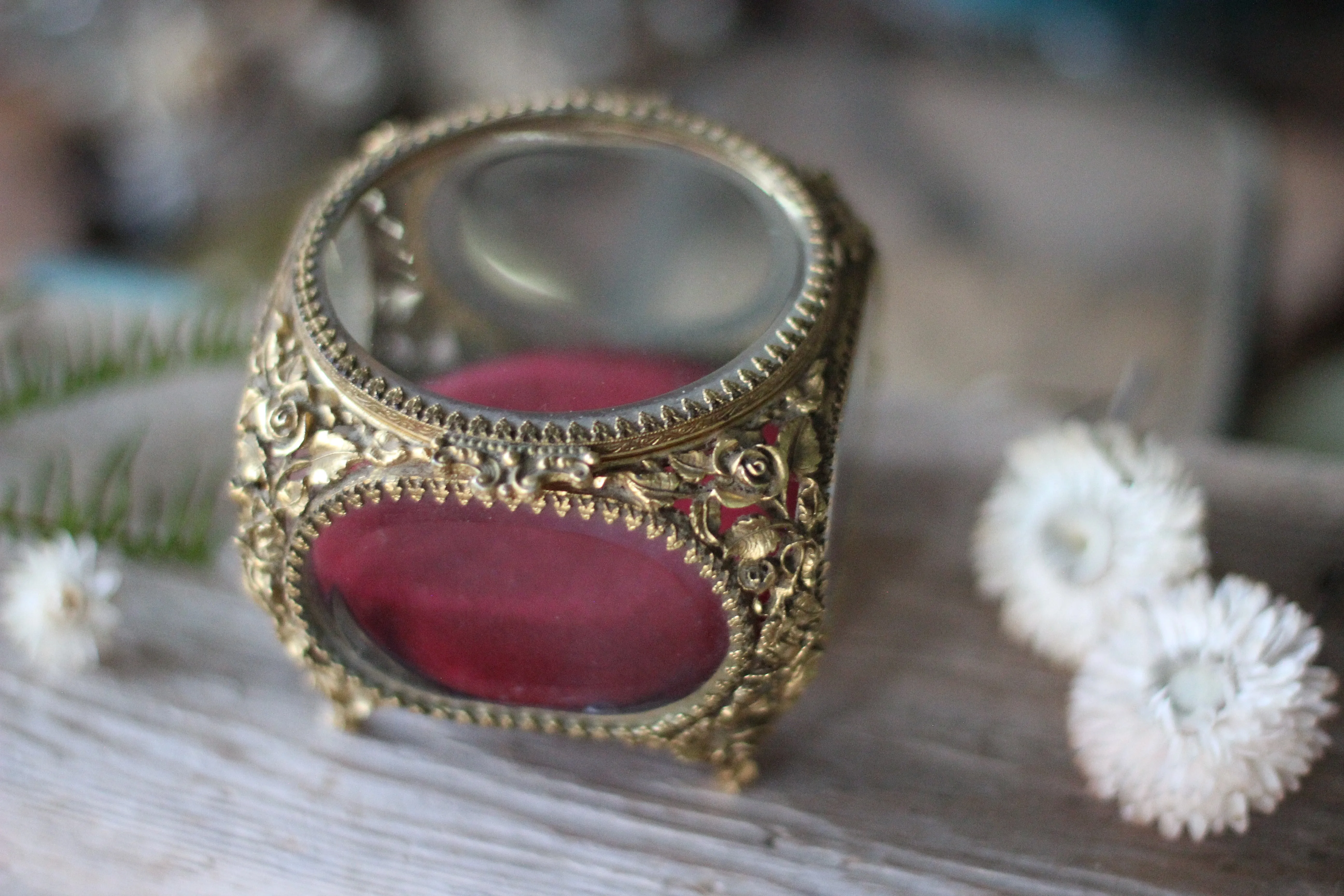 Antique Floral Red Velvet Matson Jewelry Box