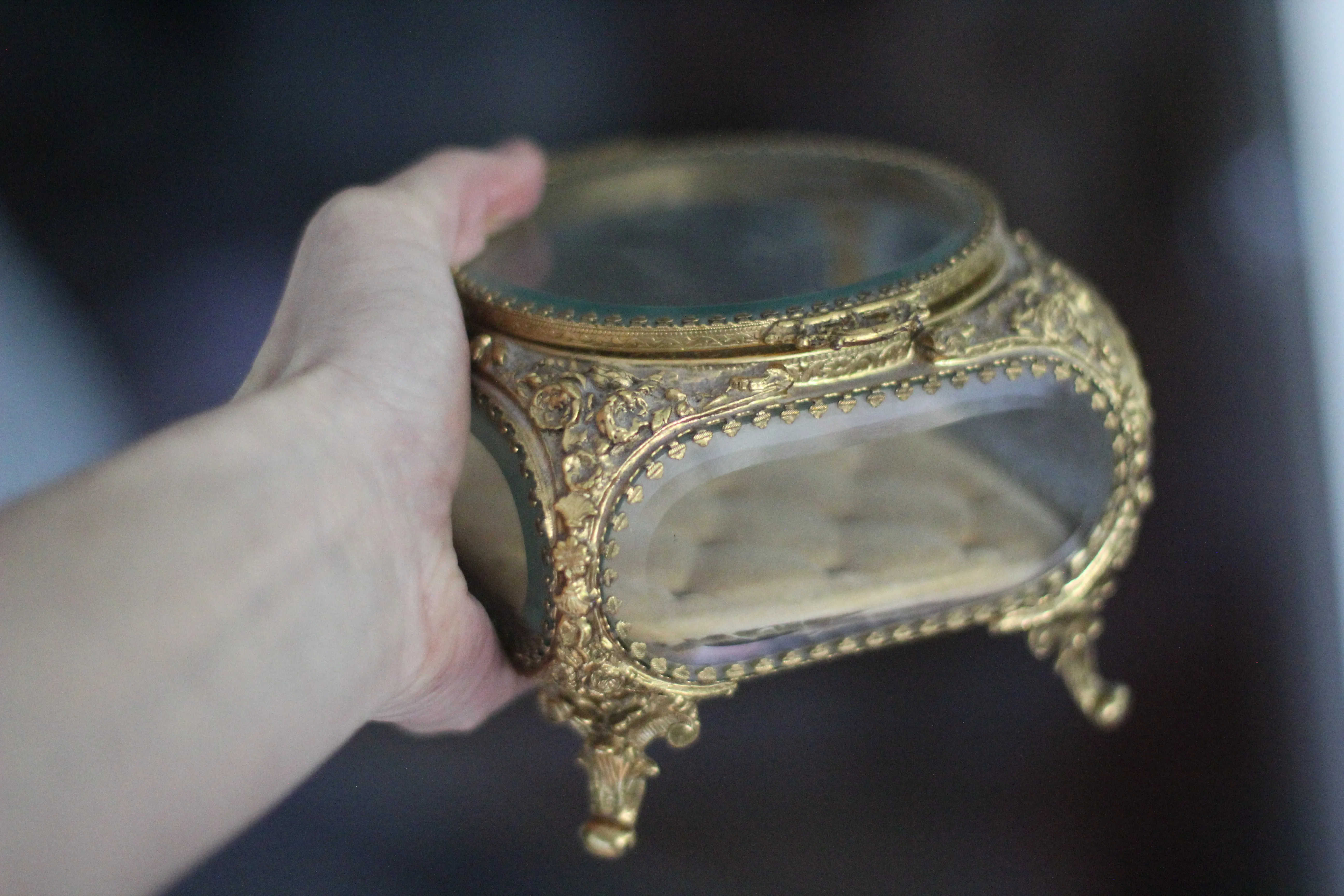 Antique French Victorian Tufted Glass Jewelry Box