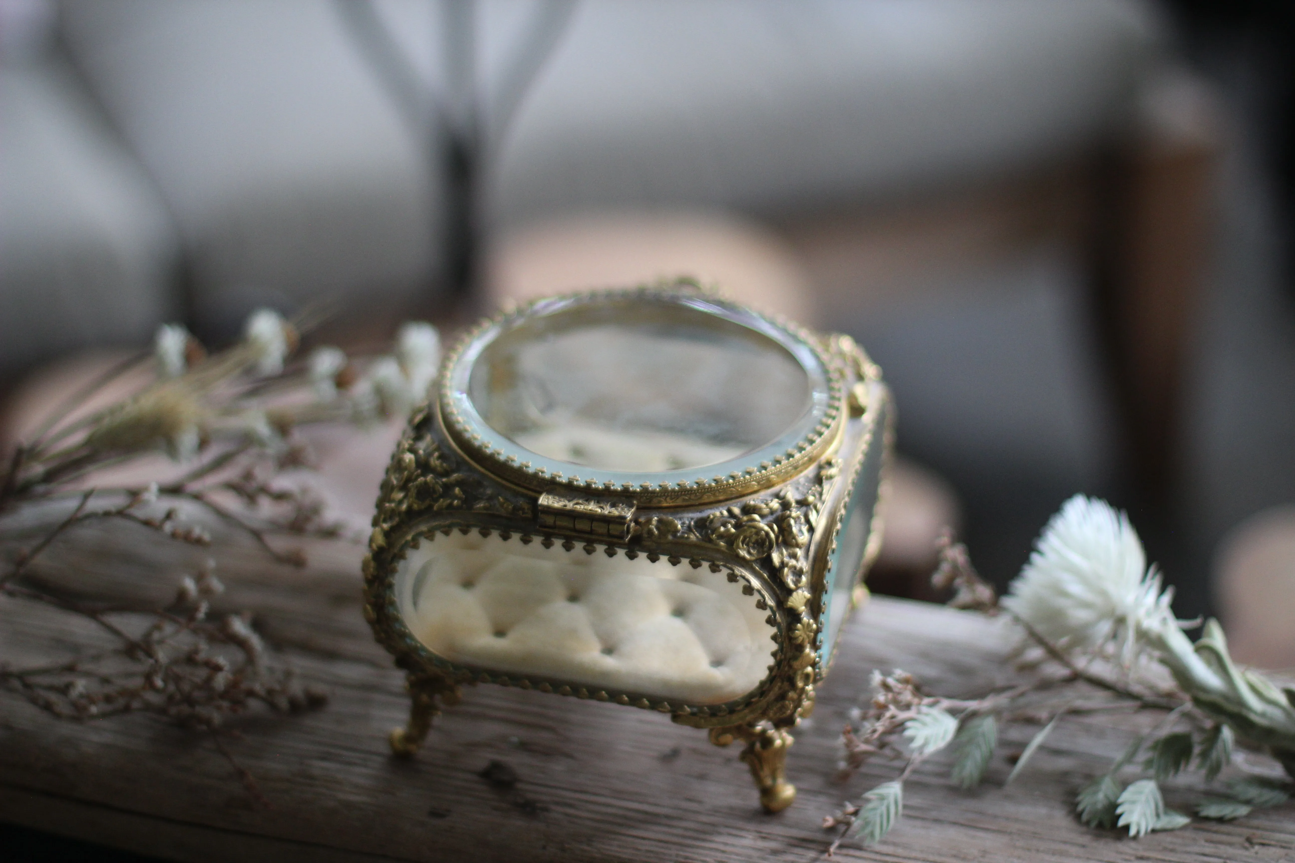 Antique French Victorian Tufted Glass Jewelry Box