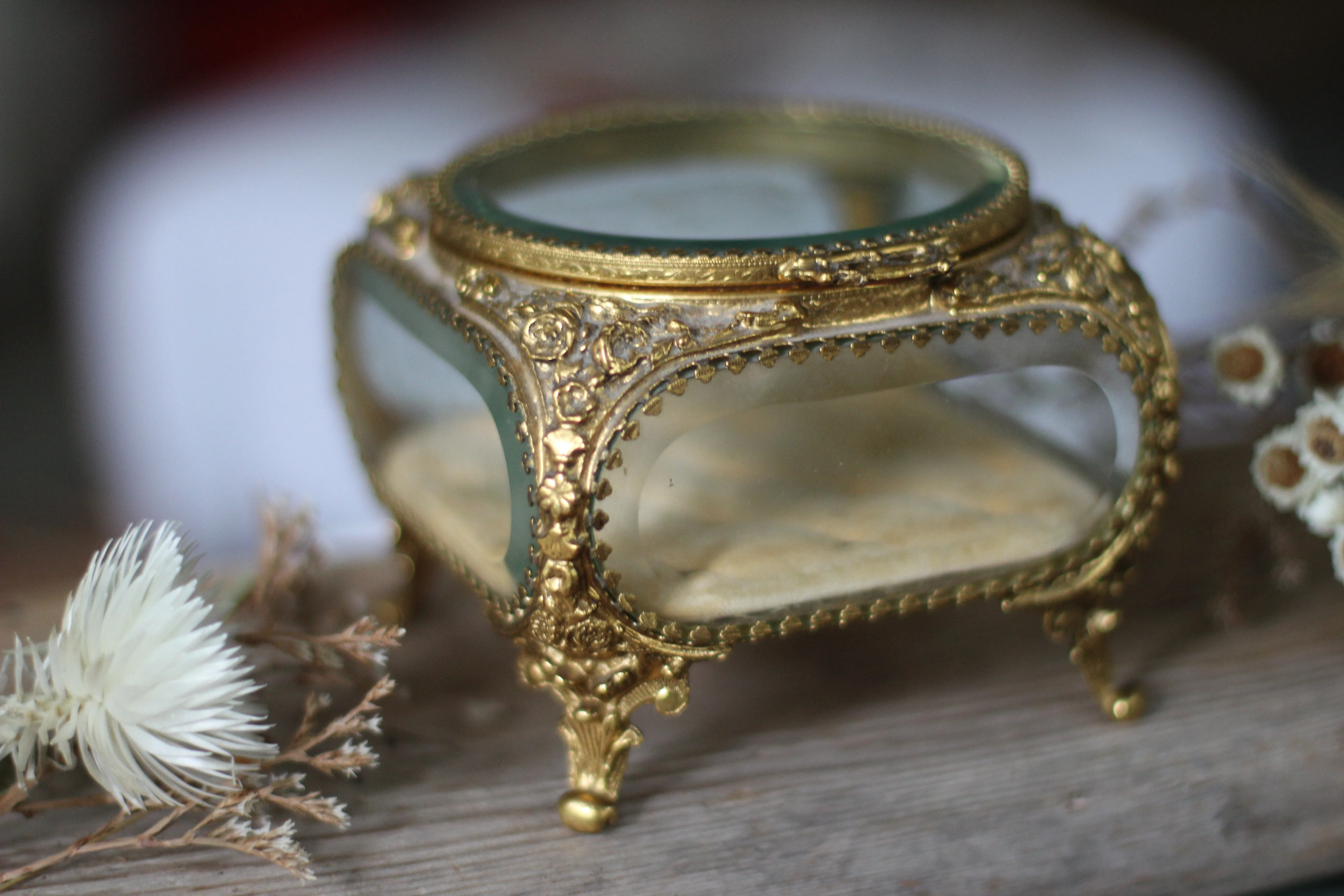 Antique French Victorian Tufted Glass Jewelry Box