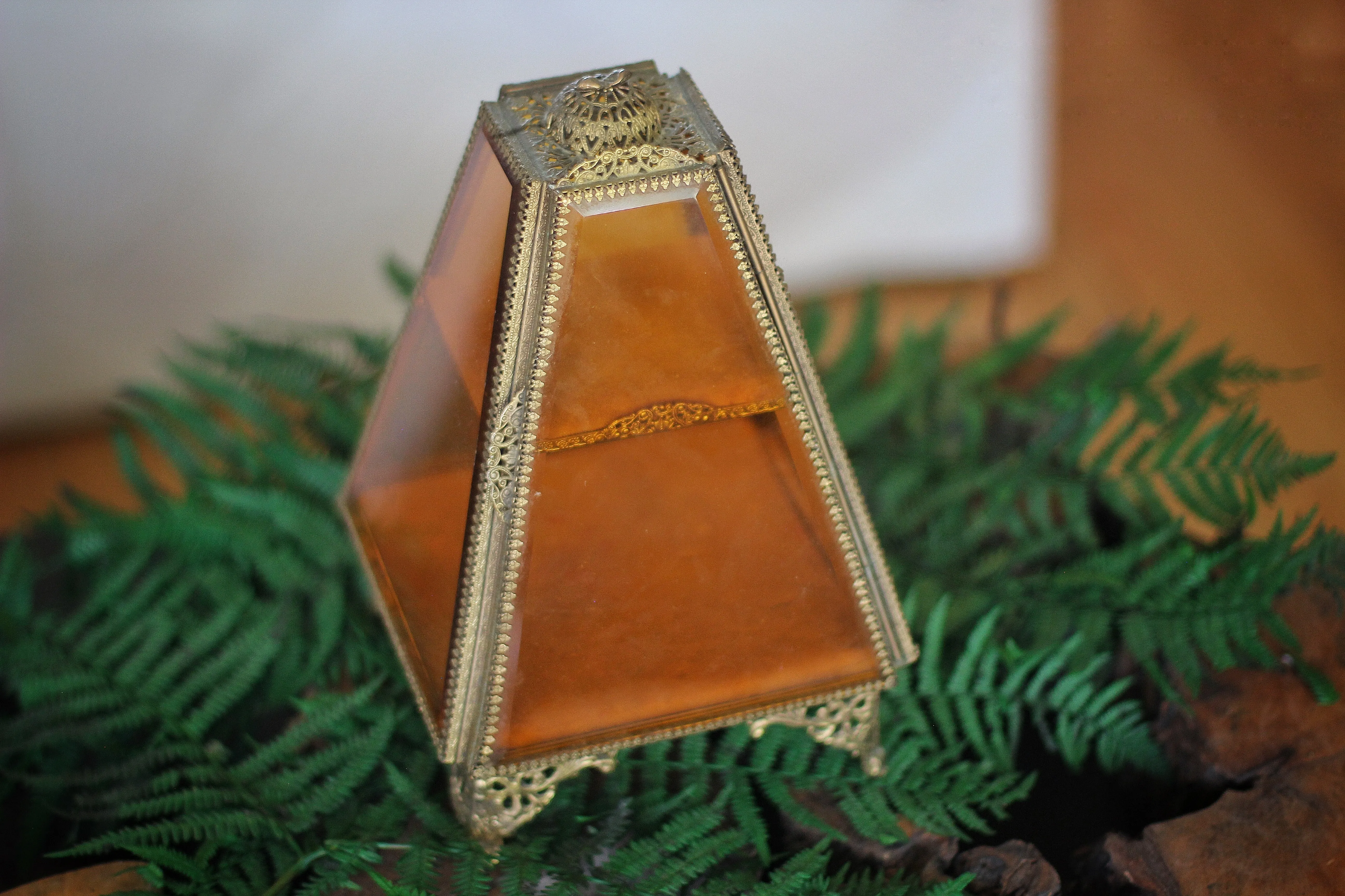 Antique Pyramid Amber Tinted Glass Jewelry Box