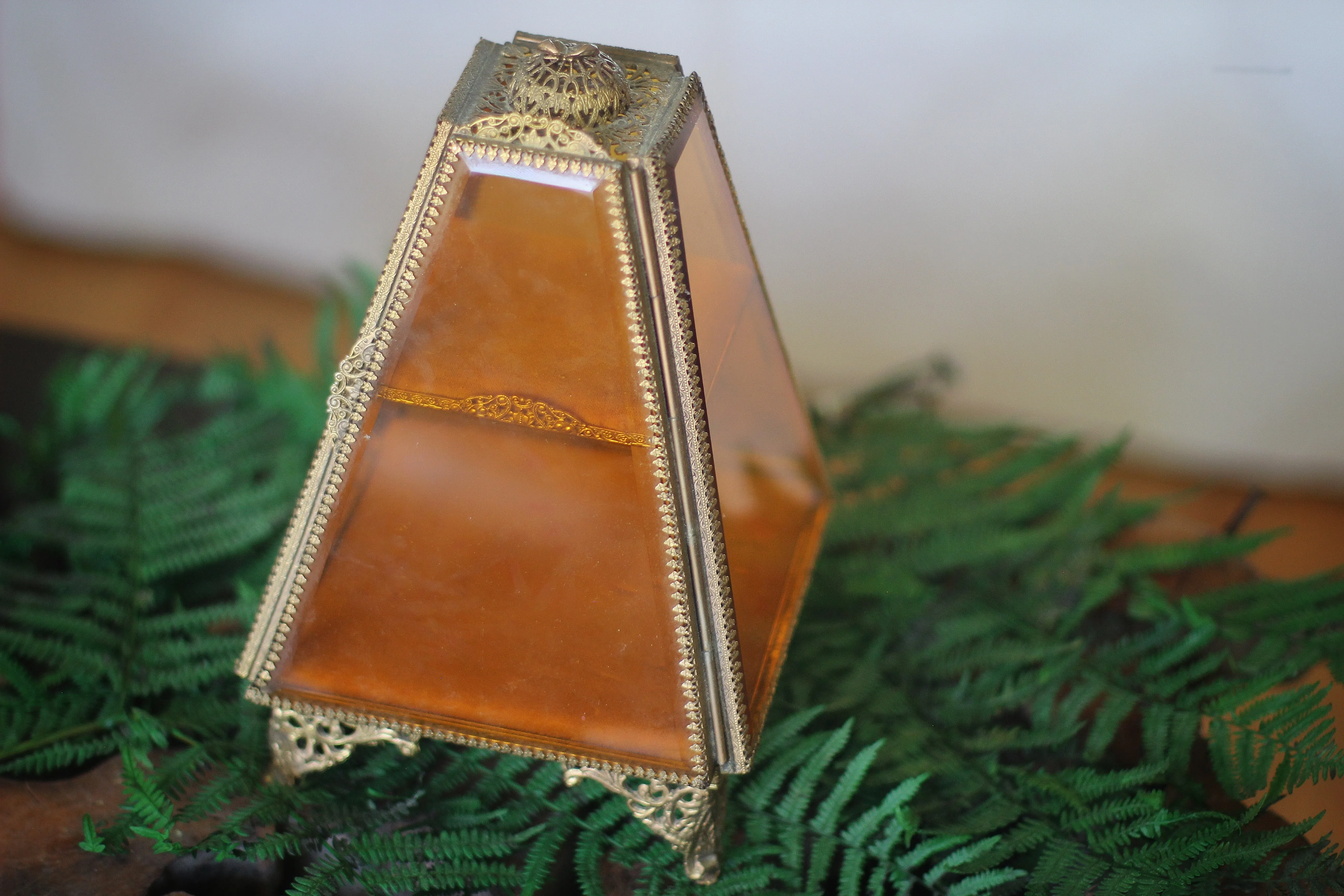 Antique Pyramid Amber Tinted Glass Jewelry Box