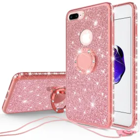 Apple iPhone 8 Plus Case, Glitter Cute Phone Case Girls with Kickstand,Bling Diamond Rhinestone Bumper Ring Stand Sparkly Luxury Clear Thin Soft Protective Apple iPhone 8 Plus Case for Girl Women - Rose Gold