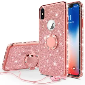 Apple iPhone X , iPhone Ten Case, Glitter Cute Phone Case Girls with Kickstand,Bling Diamond Rhinestone Bumper Ring Stand Sparkly Luxury Clear Thin Soft Protective Apple iPhone X Case for Girl Women - Rose Gold