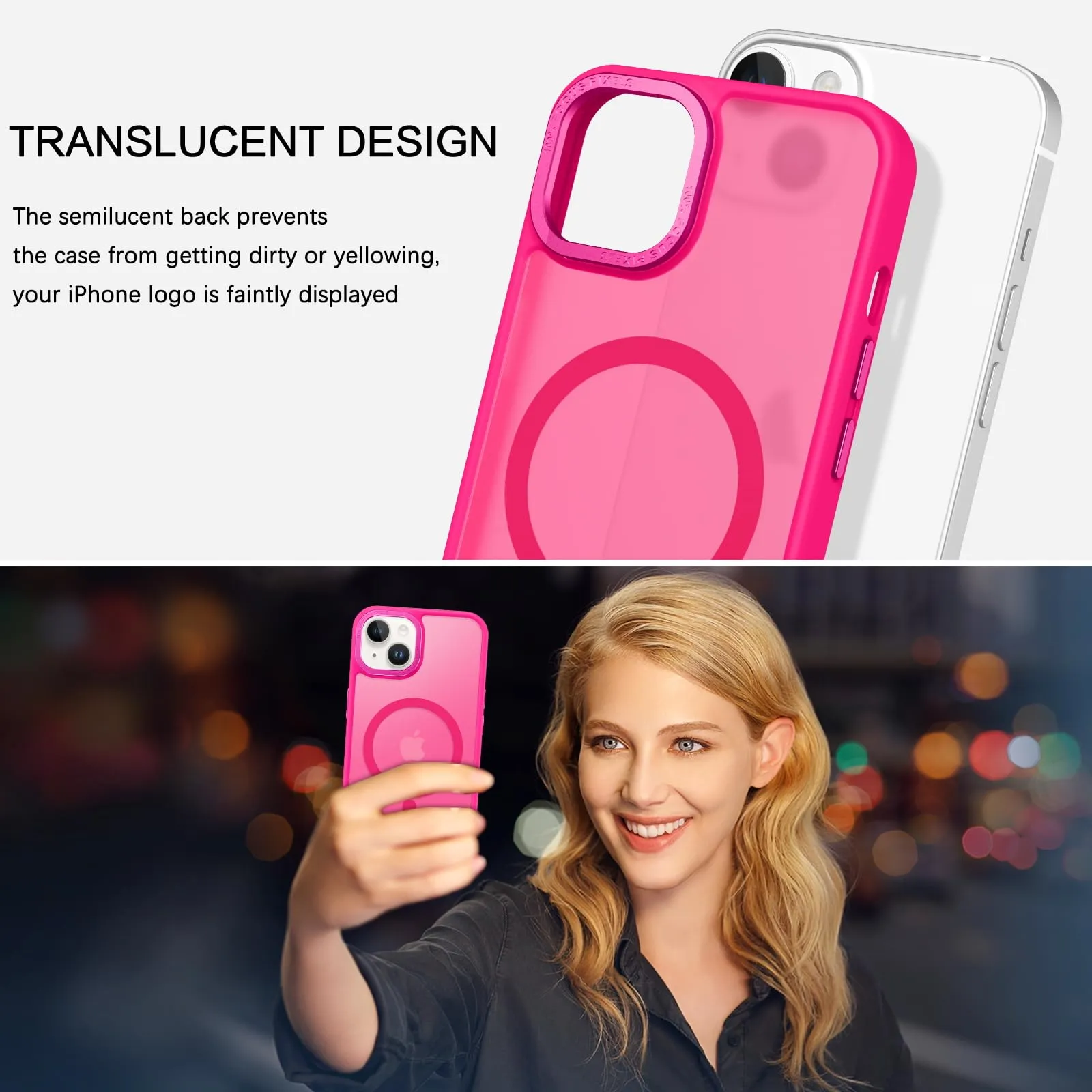 BENTOBEN Magnetic for iPhone 13 Case & iPhone 14 Case [Compatible with Magsafe] Translucent Matte Phone Case iPhone 13/14 Slim Shockproof Women Men Protective Cover for iPhone 13/14 6.1", Hot Pink