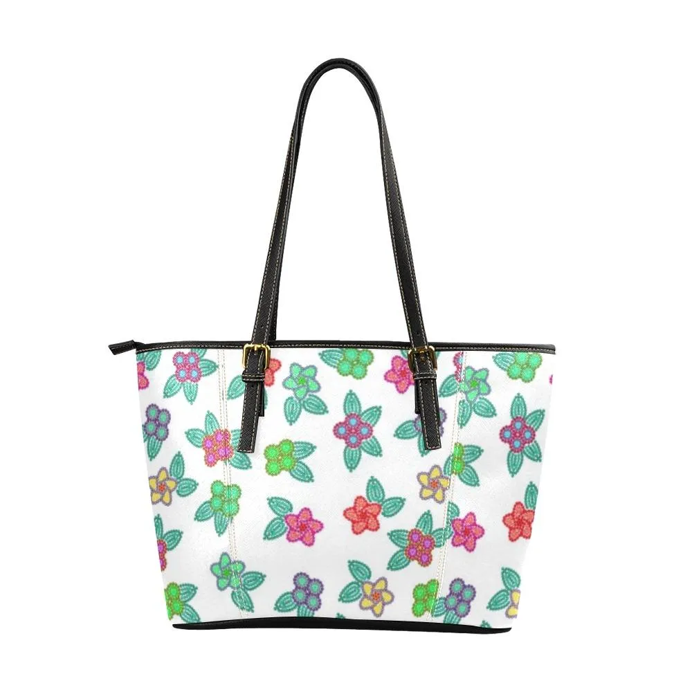 Berry Flowers White Leather Tote Bag/Large