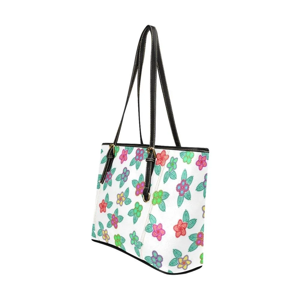 Berry Flowers White Leather Tote Bag/Large