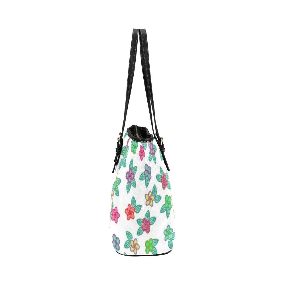 Berry Flowers White Leather Tote Bag/Large