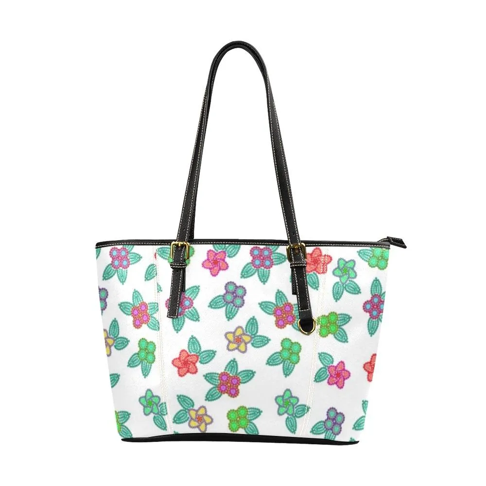 Berry Flowers White Leather Tote Bag/Large