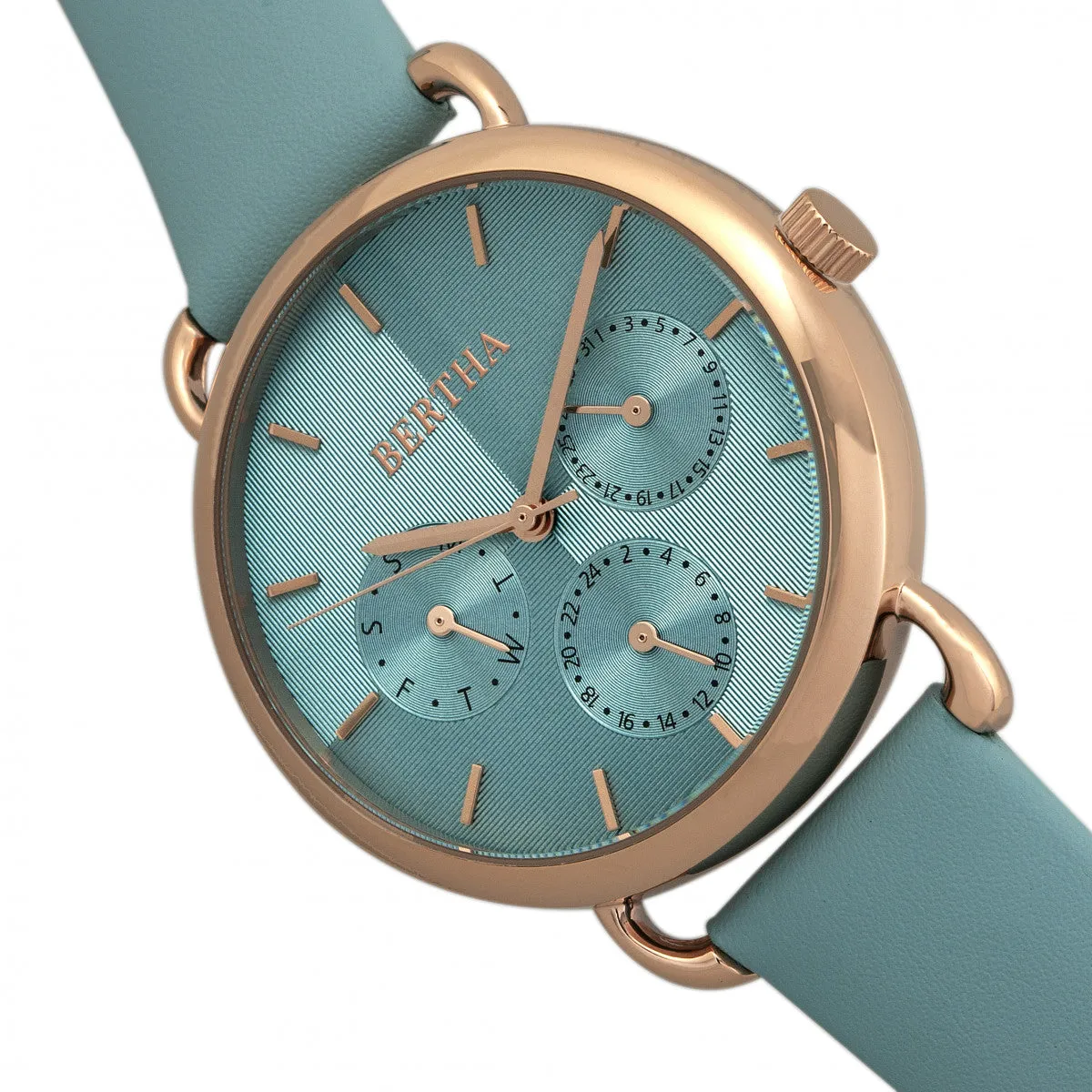 Bertha Gwen Leather-Band Watch w/Day/Date - Seafoam