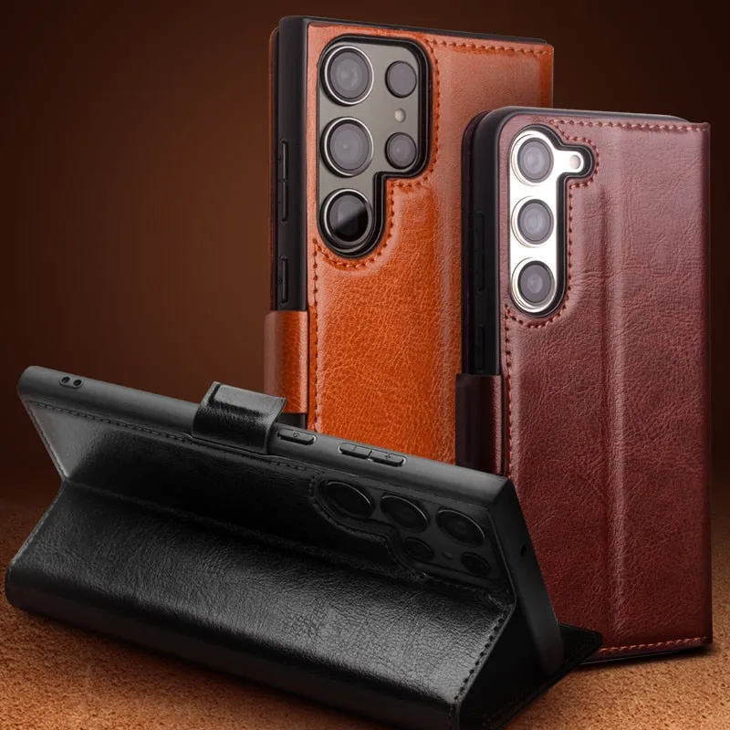 Business Style Genuine Leather Phone Case With Card Slots For Samsung S23