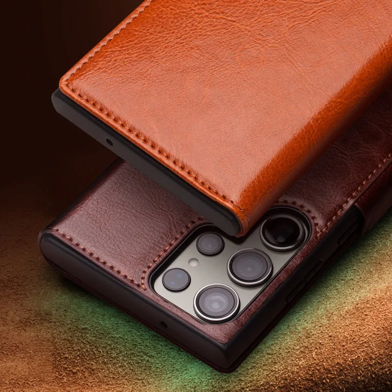 Business Style Genuine Leather Phone Case With Card Slots For Samsung S23