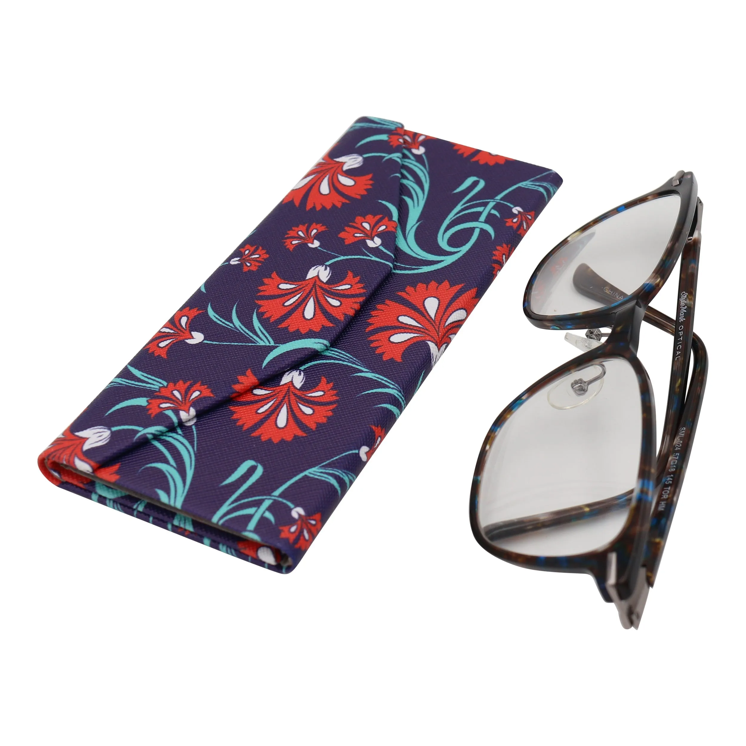 Carnation Flower Eyewear Glasses Case - Eco Leather Magnetic Folding Hard Case for Sunglasses, Eyeglasses, Reading Glasses