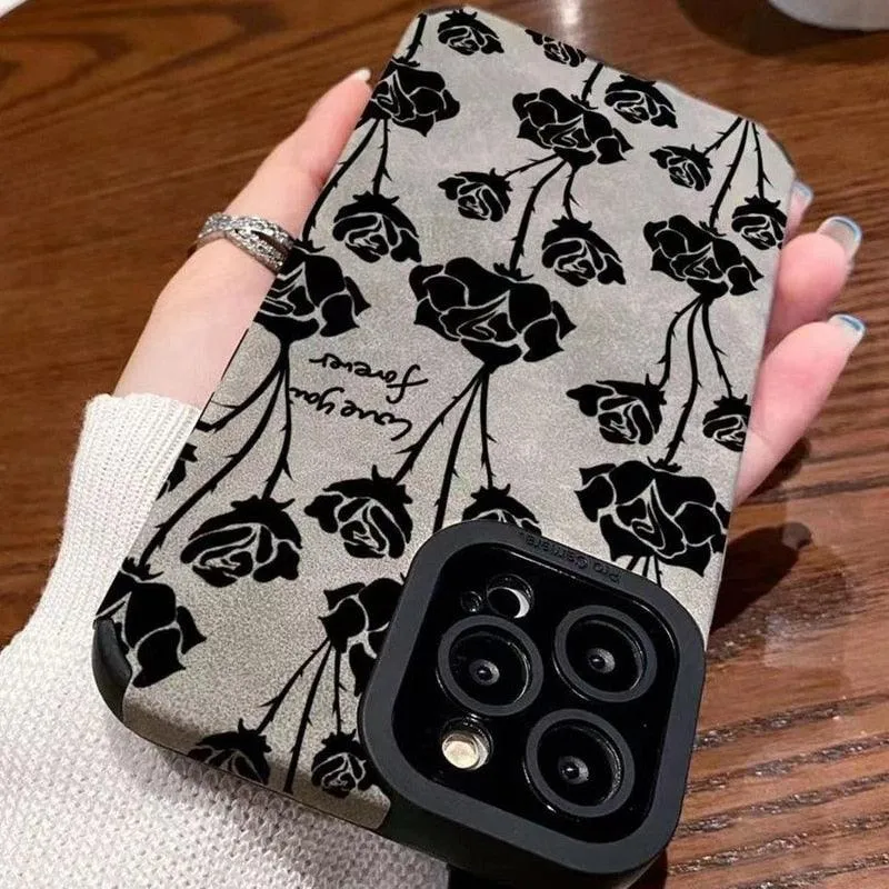 Cute Rose Pattern Leather Phone Case for iPhone 7, 8 Plus, X, XS Max, XR, 11, 12, 13, 14 Pro Max, and 14 Plus