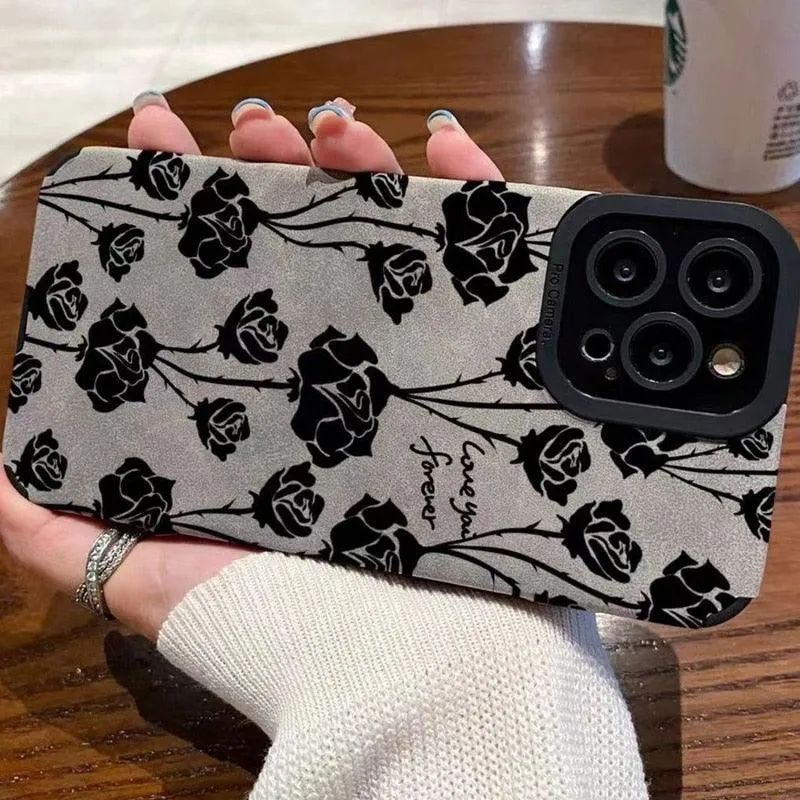 Cute Rose Pattern Leather Phone Case for iPhone 7, 8 Plus, X, XS Max, XR, 11, 12, 13, 14 Pro Max, and 14 Plus