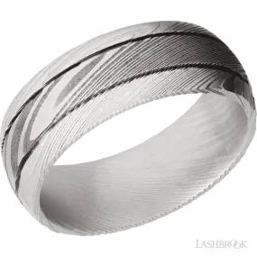 Damascus Steel Wedding Band 8mm With 2 .5mm Grooves