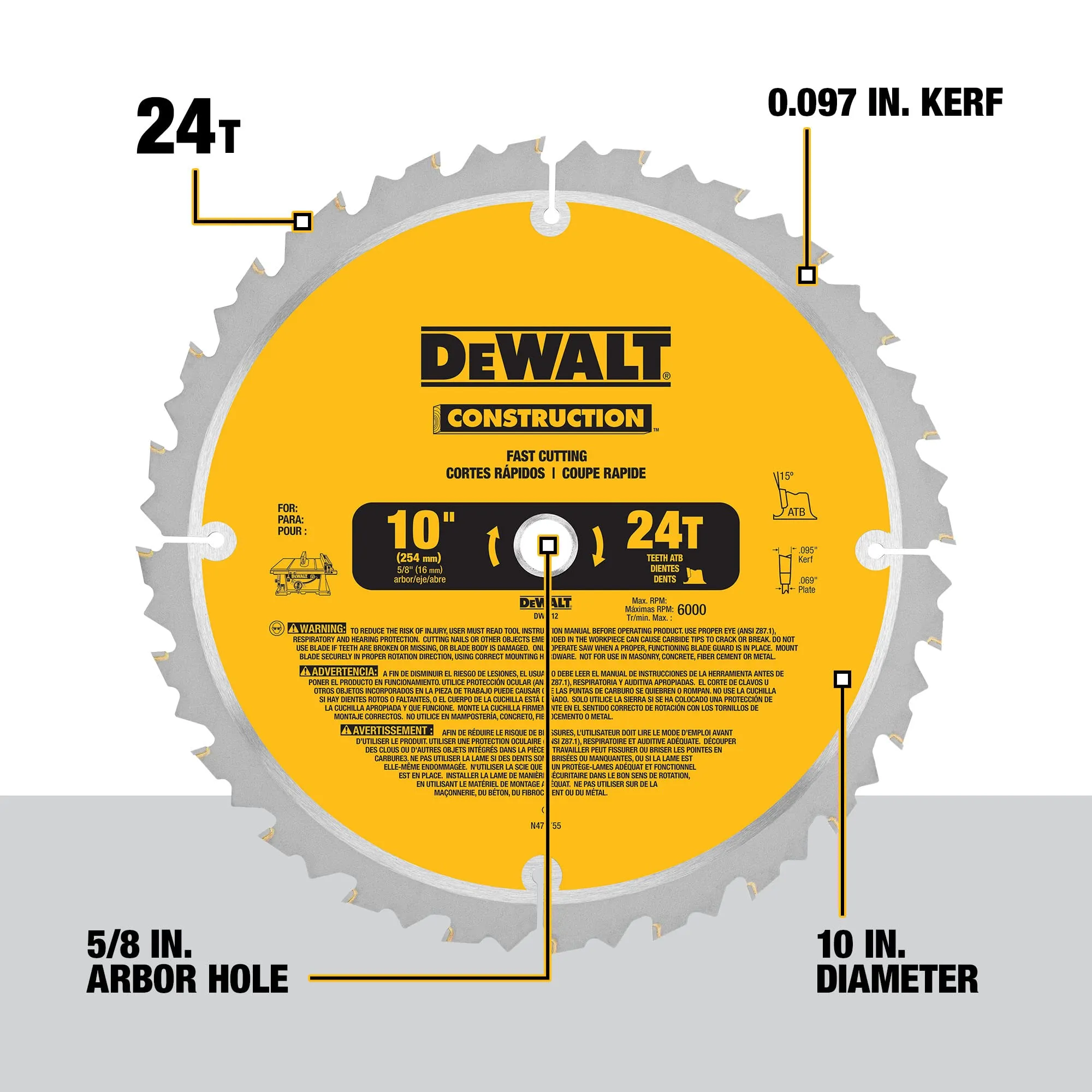 Dewalt 10 Inch Miter Table Saw Blade Atb Thin Kerf 24 Tooth 5 Out of 8 Inch