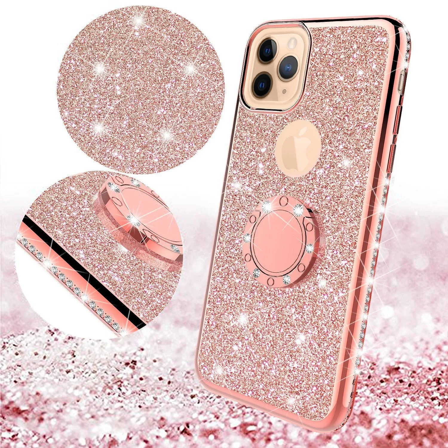 For Apple iPhone 13 Pro Max Case, Glitter Cute Phone Case Girls with Kickstand,Bling Diamond Rhinestone Bumper Ring Stand Sparkly Luxury Clear Thin Soft Protective Apple iPhone 13 Pro Max Case for Girl Women - Rose Gold