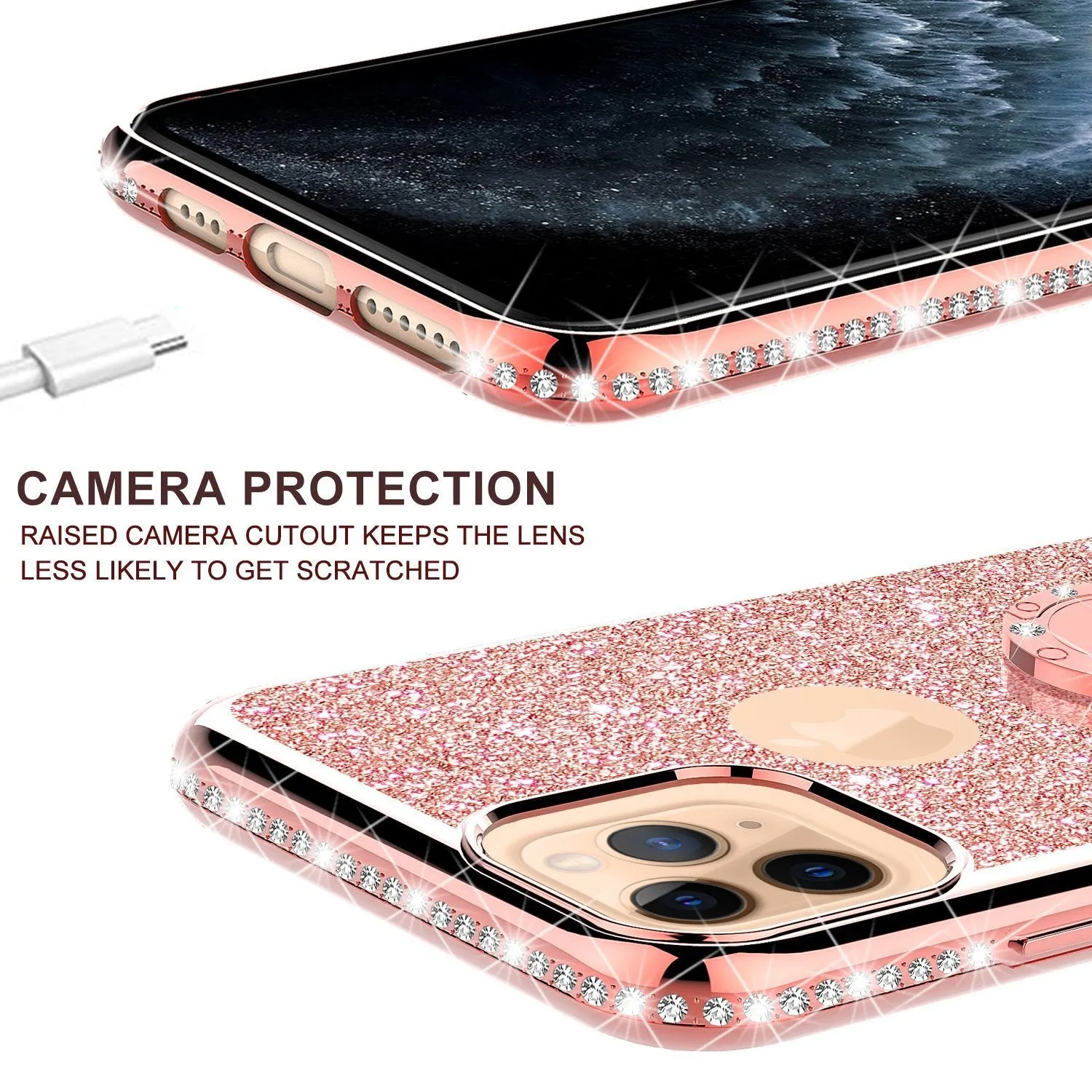 For Apple iPhone 13 Pro Max Case, Glitter Cute Phone Case Girls with Kickstand,Bling Diamond Rhinestone Bumper Ring Stand Sparkly Luxury Clear Thin Soft Protective Apple iPhone 13 Pro Max Case for Girl Women - Rose Gold