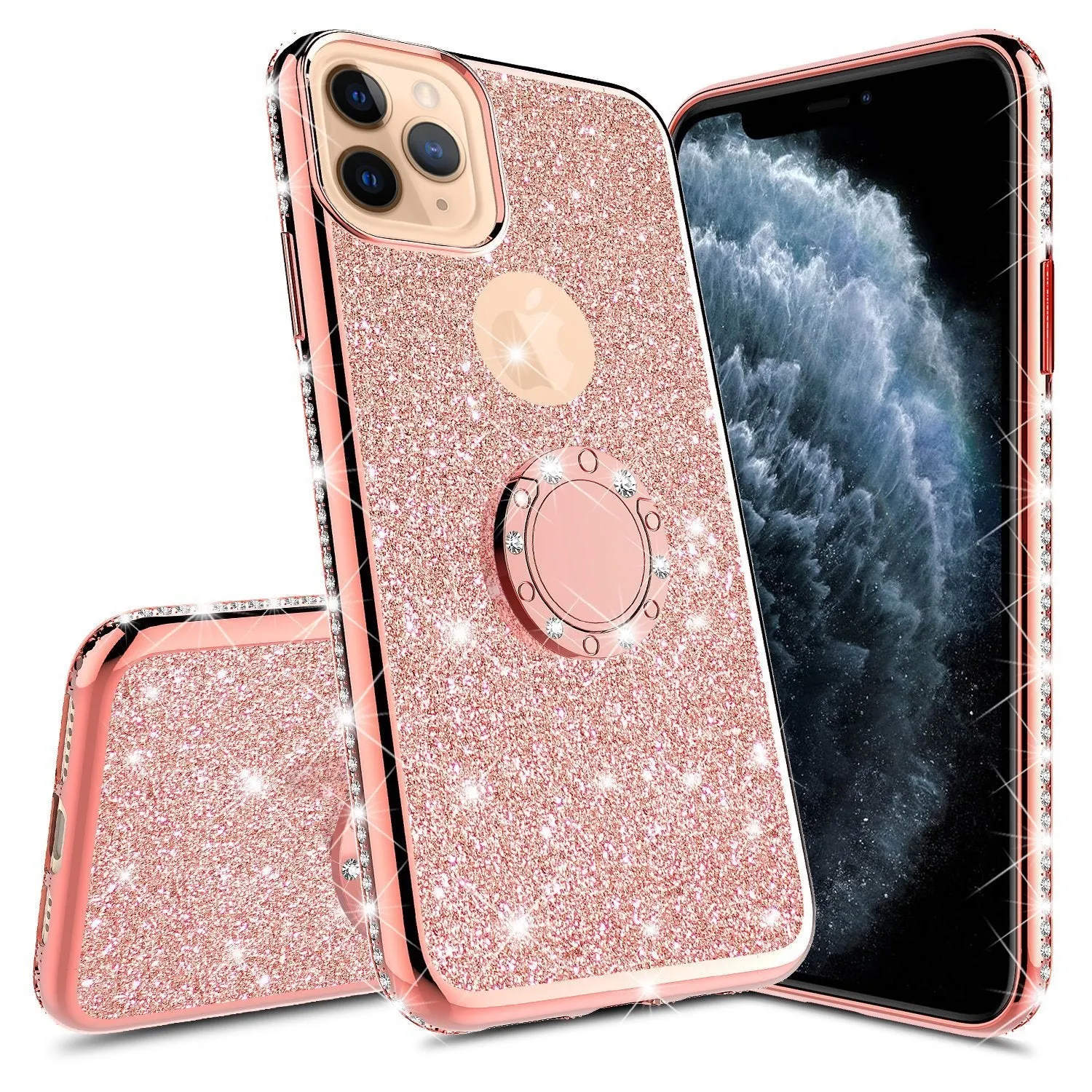 For Apple iPhone 13 Pro Max Case, Glitter Cute Phone Case Girls with Kickstand,Bling Diamond Rhinestone Bumper Ring Stand Sparkly Luxury Clear Thin Soft Protective Apple iPhone 13 Pro Max Case for Girl Women - Rose Gold