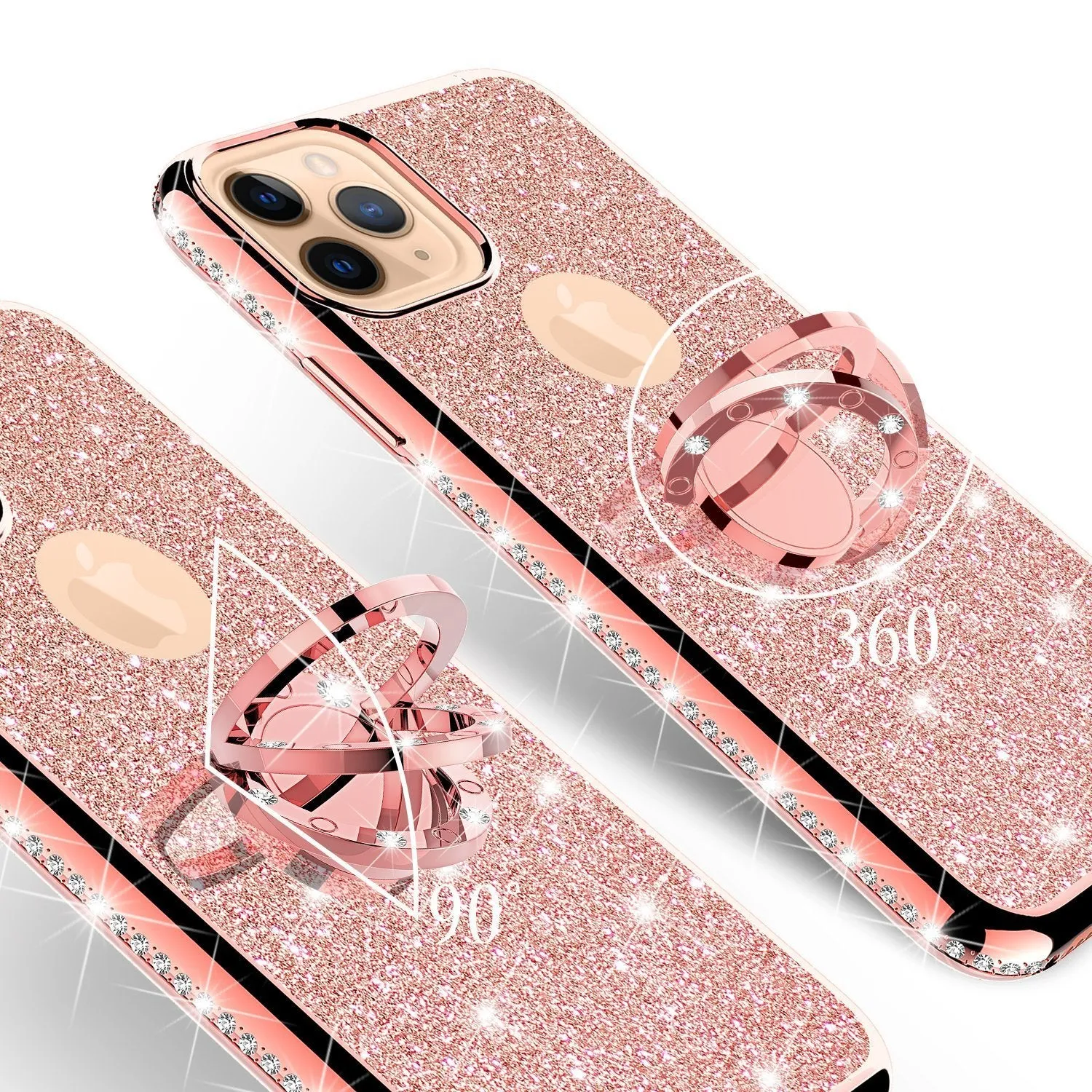 For Apple iPhone 13 Pro Max Case, Glitter Cute Phone Case Girls with Kickstand,Bling Diamond Rhinestone Bumper Ring Stand Sparkly Luxury Clear Thin Soft Protective Apple iPhone 13 Pro Max Case for Girl Women - Rose Gold