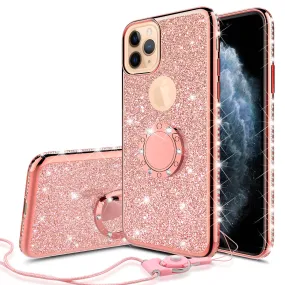 For Apple iPhone 13 Pro Max Case, Glitter Cute Phone Case Girls with Kickstand,Bling Diamond Rhinestone Bumper Ring Stand Sparkly Luxury Clear Thin Soft Protective Apple iPhone 13 Pro Max Case for Girl Women - Rose Gold