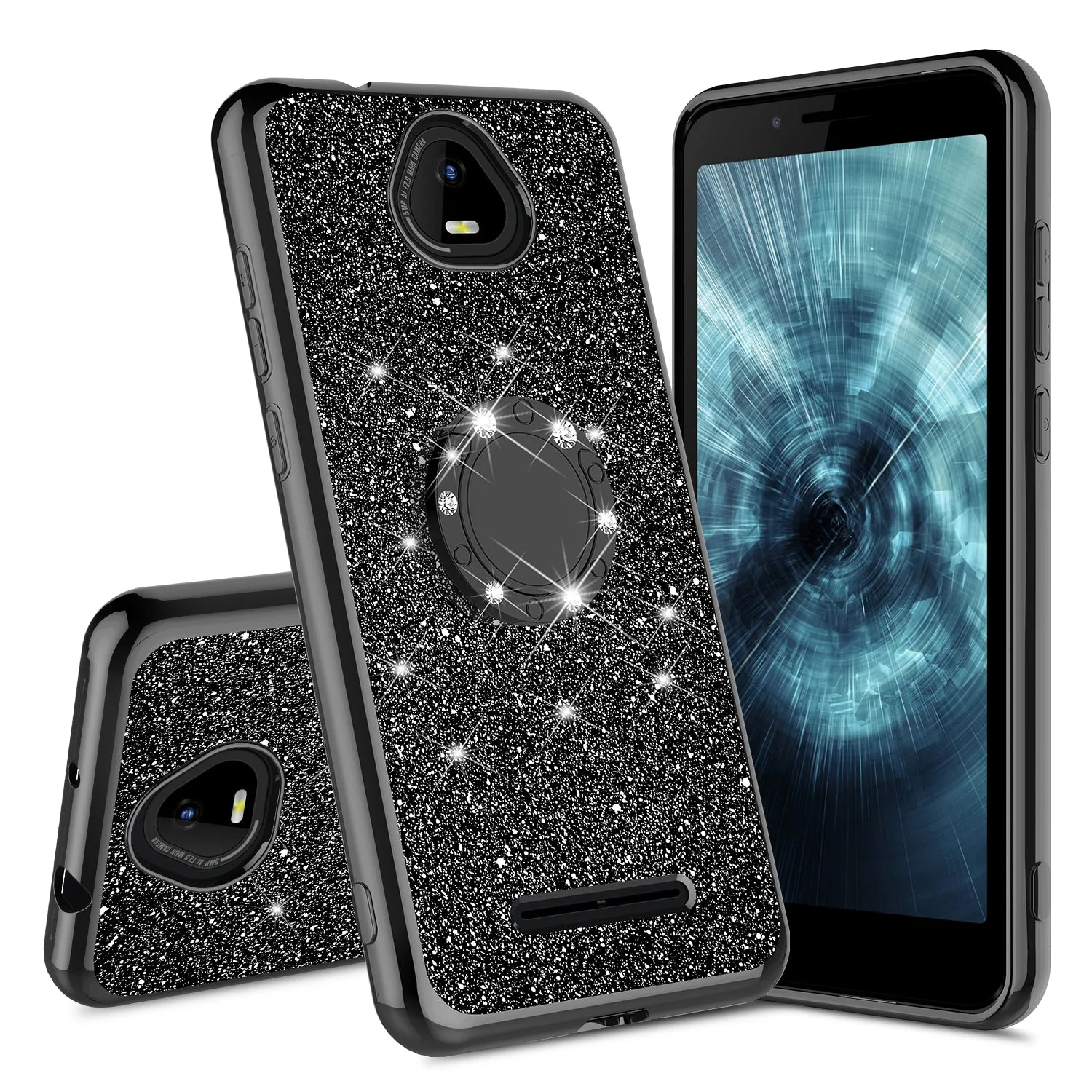 For Boost Schok Volt SV55 Case, Glitter Cute Phone Case Girls with Kickstand,Bling Diamond Rhinestone Bumper Ring Stand Sparkly Luxury Clear Thin Soft Protective Boost Schok Volt SV55 Case for Girl Women - Black