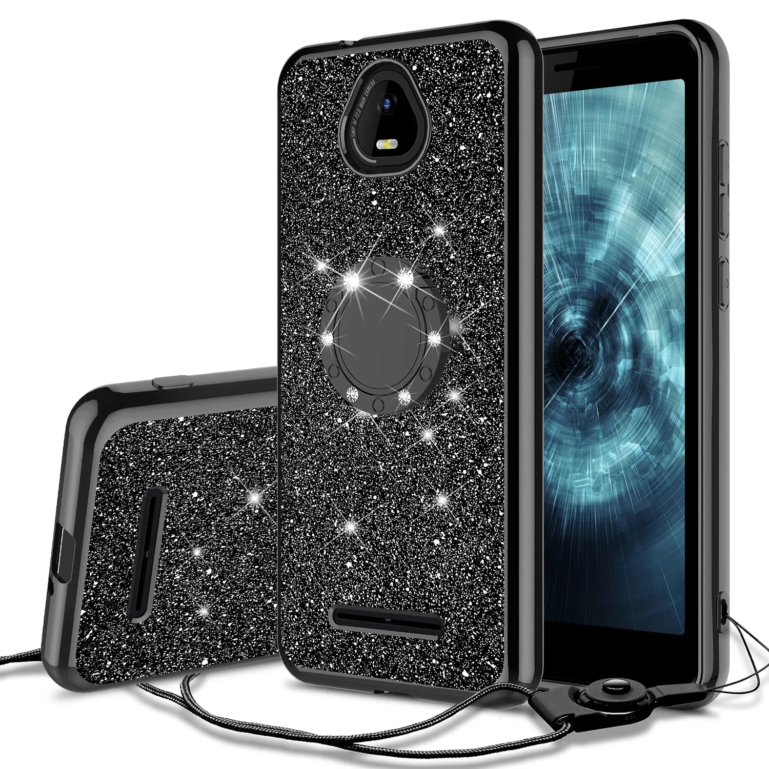 For Boost Schok Volt SV55 Case, Glitter Cute Phone Case Girls with Kickstand,Bling Diamond Rhinestone Bumper Ring Stand Sparkly Luxury Clear Thin Soft Protective Boost Schok Volt SV55 Case for Girl Women - Black