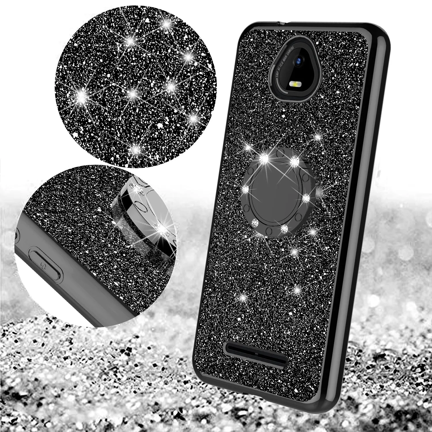 For Boost Schok Volt SV55 Case, Glitter Cute Phone Case Girls with Kickstand,Bling Diamond Rhinestone Bumper Ring Stand Sparkly Luxury Clear Thin Soft Protective Boost Schok Volt SV55 Case for Girl Women - Black