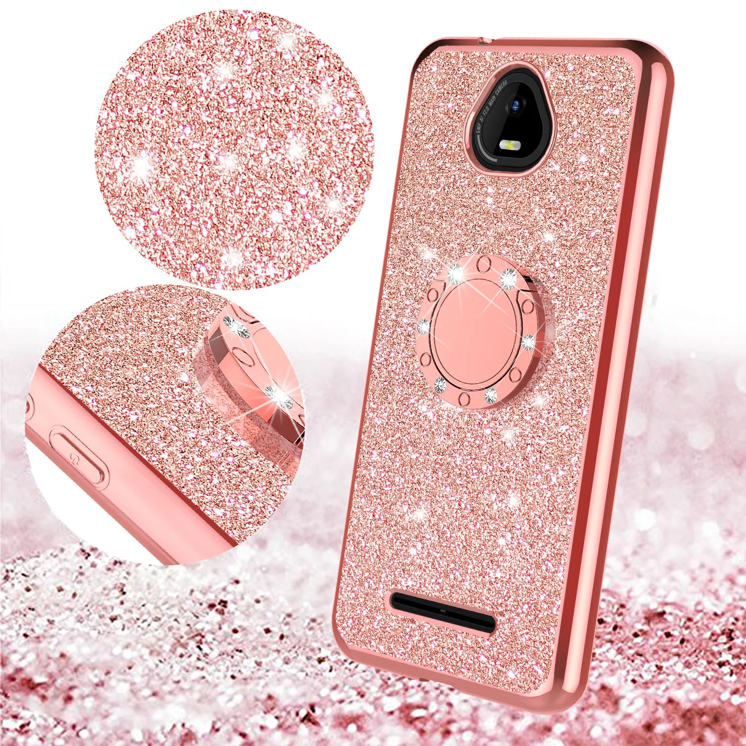 For Boost Schok Volt SV55 Case, Glitter Cute Phone Case Girls with Kickstand,Bling Diamond Rhinestone Bumper Ring Stand Sparkly Luxury Clear Thin Soft Protective Boost Schok Volt SV55 Case for Girl Women - Rose Gold