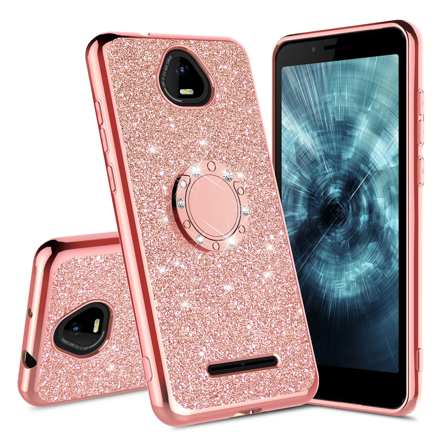 For Boost Schok Volt SV55 Case, Glitter Cute Phone Case Girls with Kickstand,Bling Diamond Rhinestone Bumper Ring Stand Sparkly Luxury Clear Thin Soft Protective Boost Schok Volt SV55 Case for Girl Women - Rose Gold