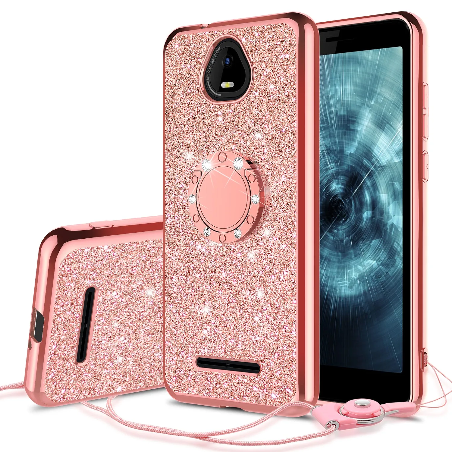 For Boost Schok Volt SV55 Case, Glitter Cute Phone Case Girls with Kickstand,Bling Diamond Rhinestone Bumper Ring Stand Sparkly Luxury Clear Thin Soft Protective Boost Schok Volt SV55 Case for Girl Women - Rose Gold