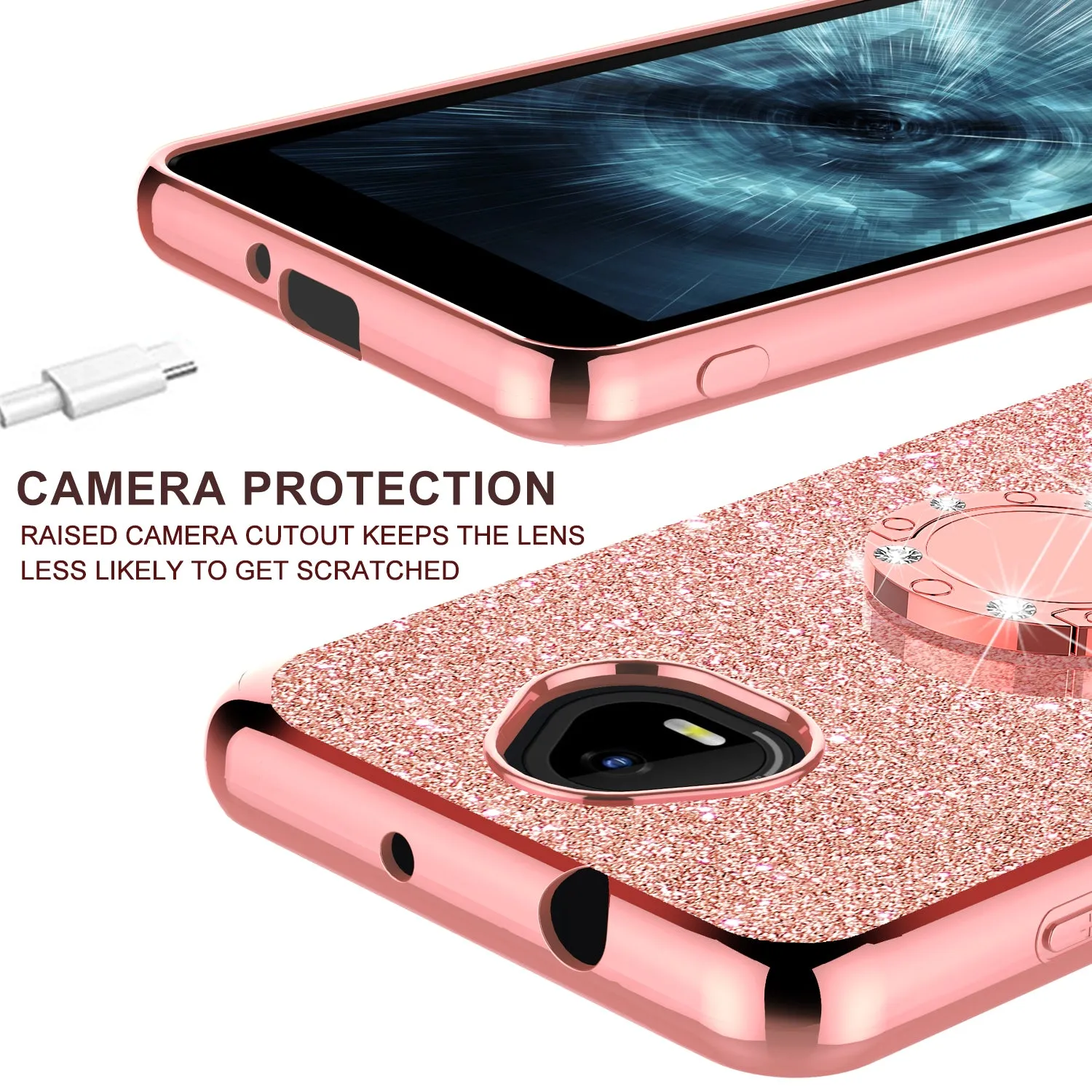 For Boost Schok Volt SV55 Case, Glitter Cute Phone Case Girls with Kickstand,Bling Diamond Rhinestone Bumper Ring Stand Sparkly Luxury Clear Thin Soft Protective Boost Schok Volt SV55 Case for Girl Women - Rose Gold