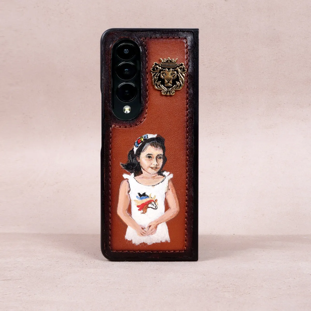 Hand Painted Mobile Cover with Customized Daughter Portrait on Tan Samsung Galaxy Fold Case