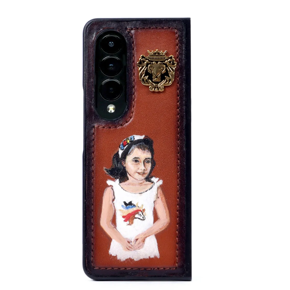 Hand Painted Mobile Cover with Customized Daughter Portrait on Tan Samsung Galaxy Fold Case