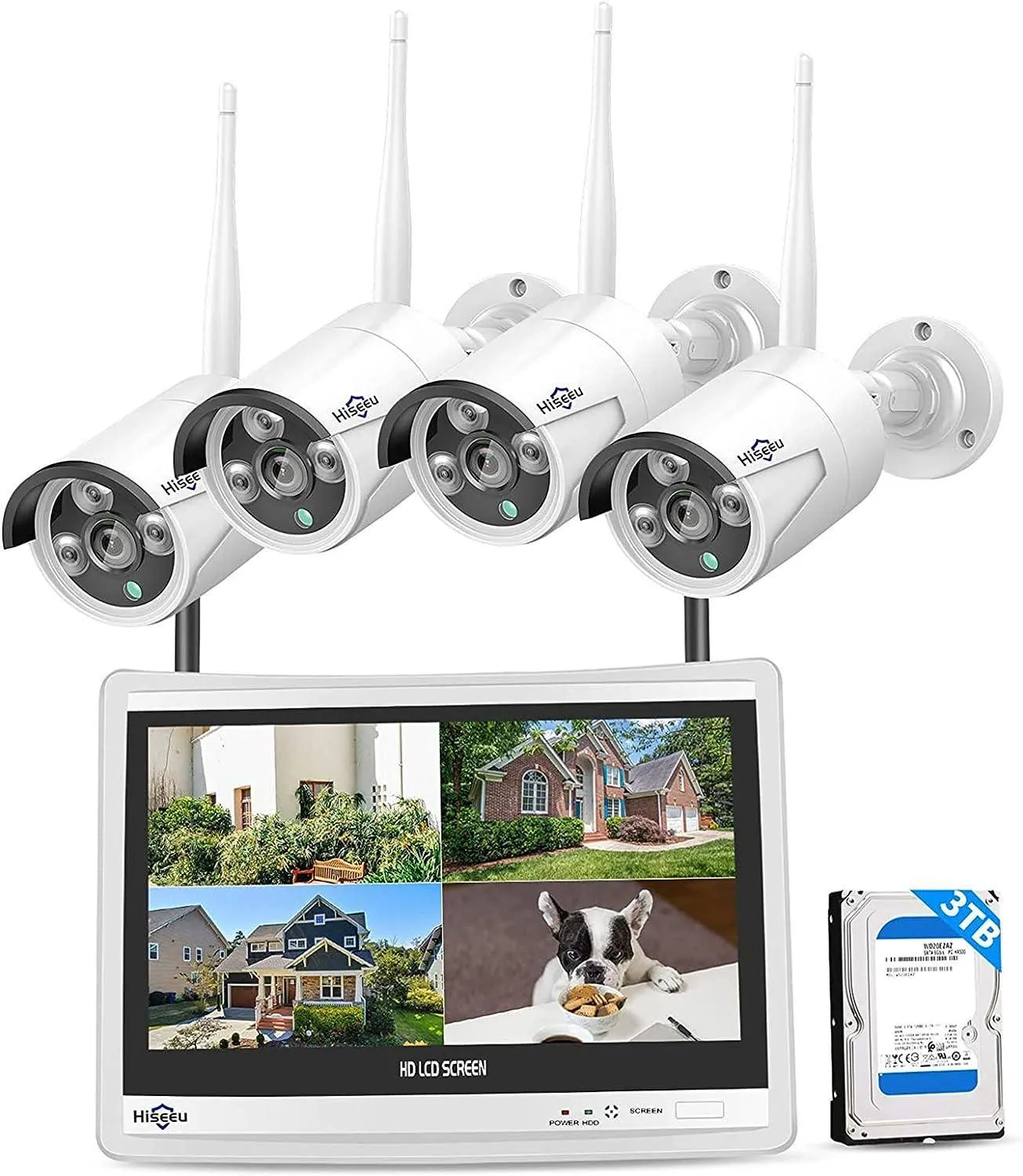 Hiseeu [10CH Expandable, 5MP] Security System with 12" LCD Monitor, 3TB Hard Drive, Wireless 4K Dual WiFi NVR, 4pcs 5MP Outdoor Bullet Cameras, Night Vision, Waterproof for Home or Business