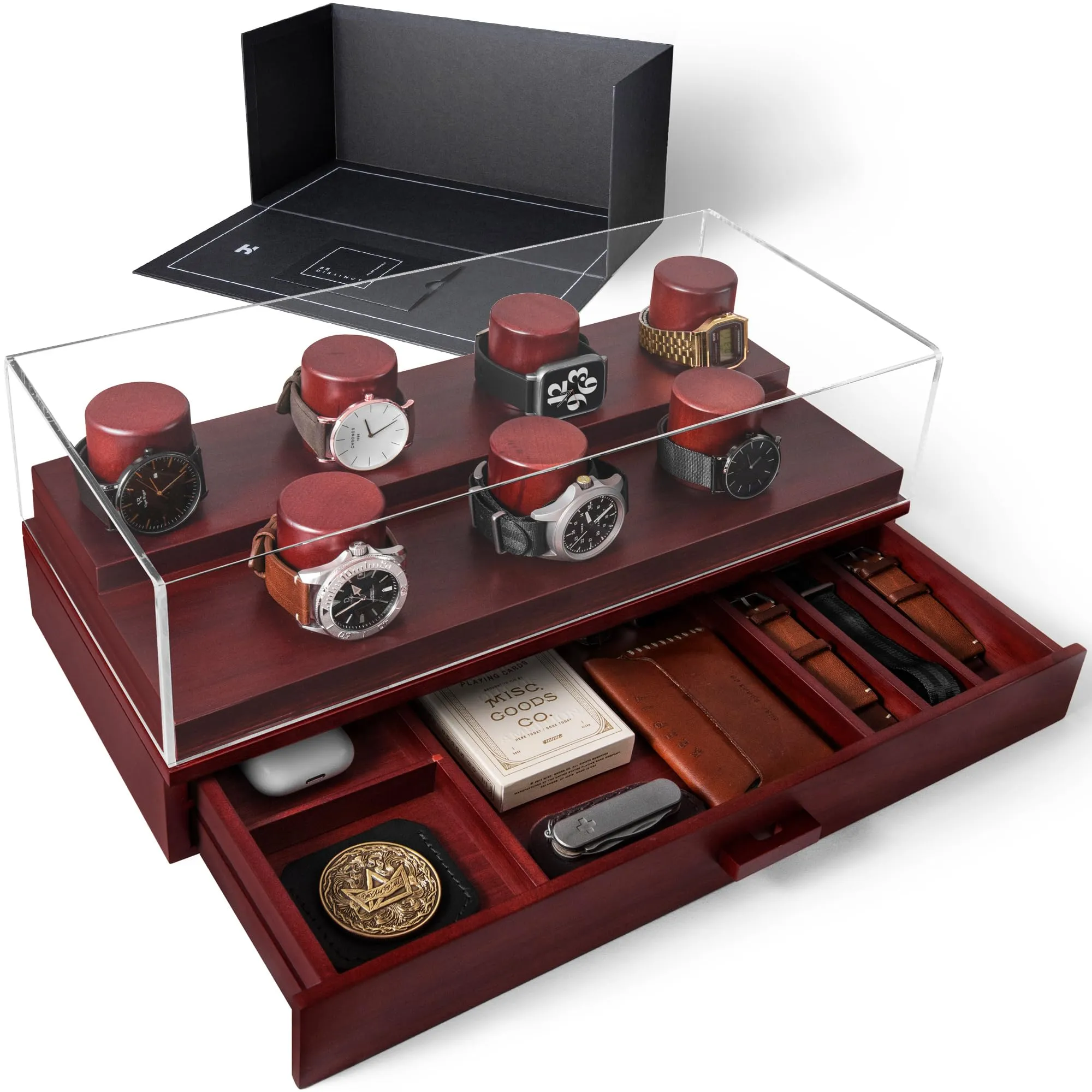 Holme & Hadfield Sleek Wooden Watch Display Case with Drawers and Acrylic Cover