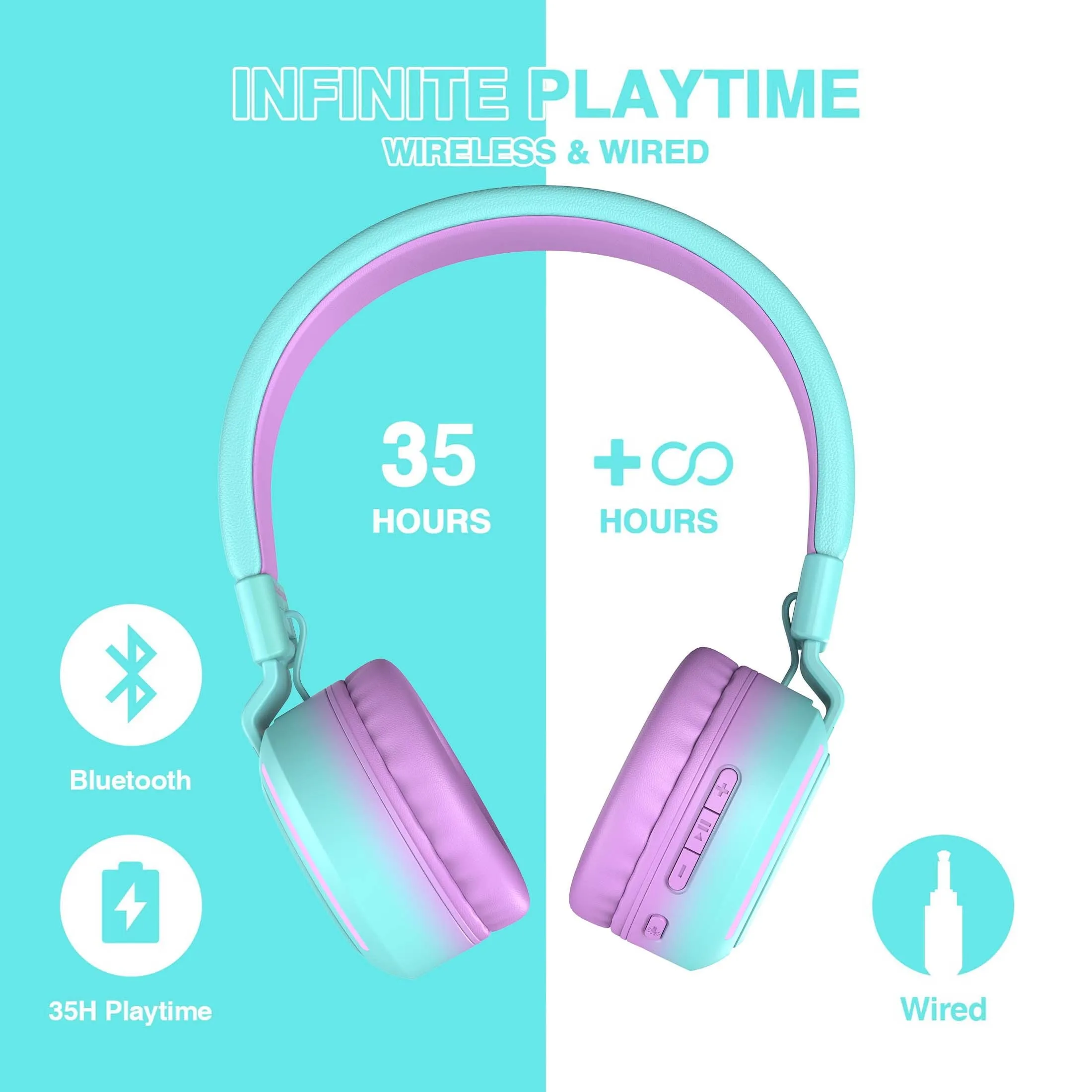 Kids Bluetooth Headphones for Girls Boys, Wired & Wireless Headphones for Kids with Microphone, 85/94Db Safe Volume, Colorful LED Light, 35Hrs Playtime, Back to School Gifts for Kids