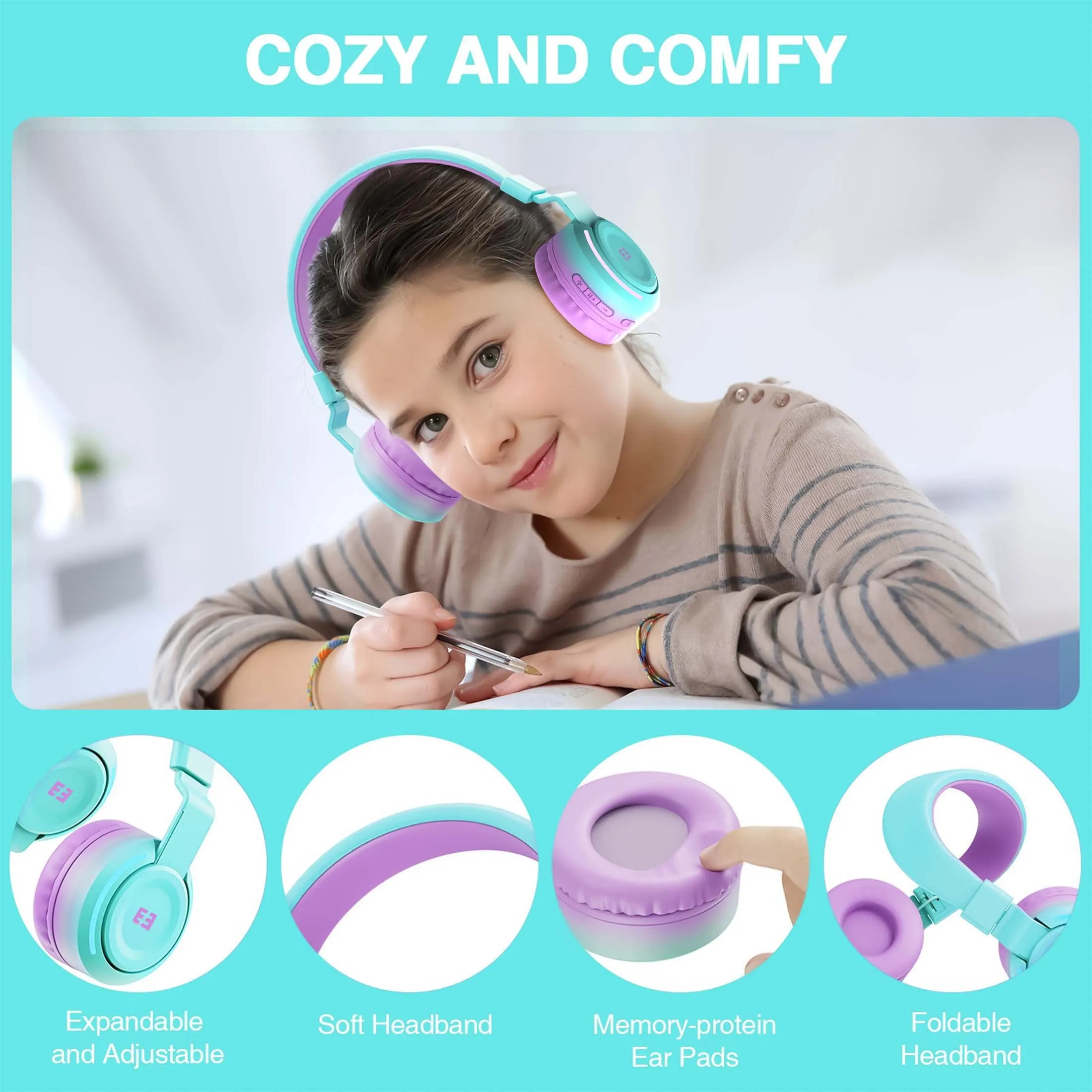 Kids Bluetooth Headphones for Girls Boys, Wired & Wireless Headphones for Kids with Microphone, 85/94Db Safe Volume, Colorful LED Light, 35Hrs Playtime, Back to School Gifts for Kids