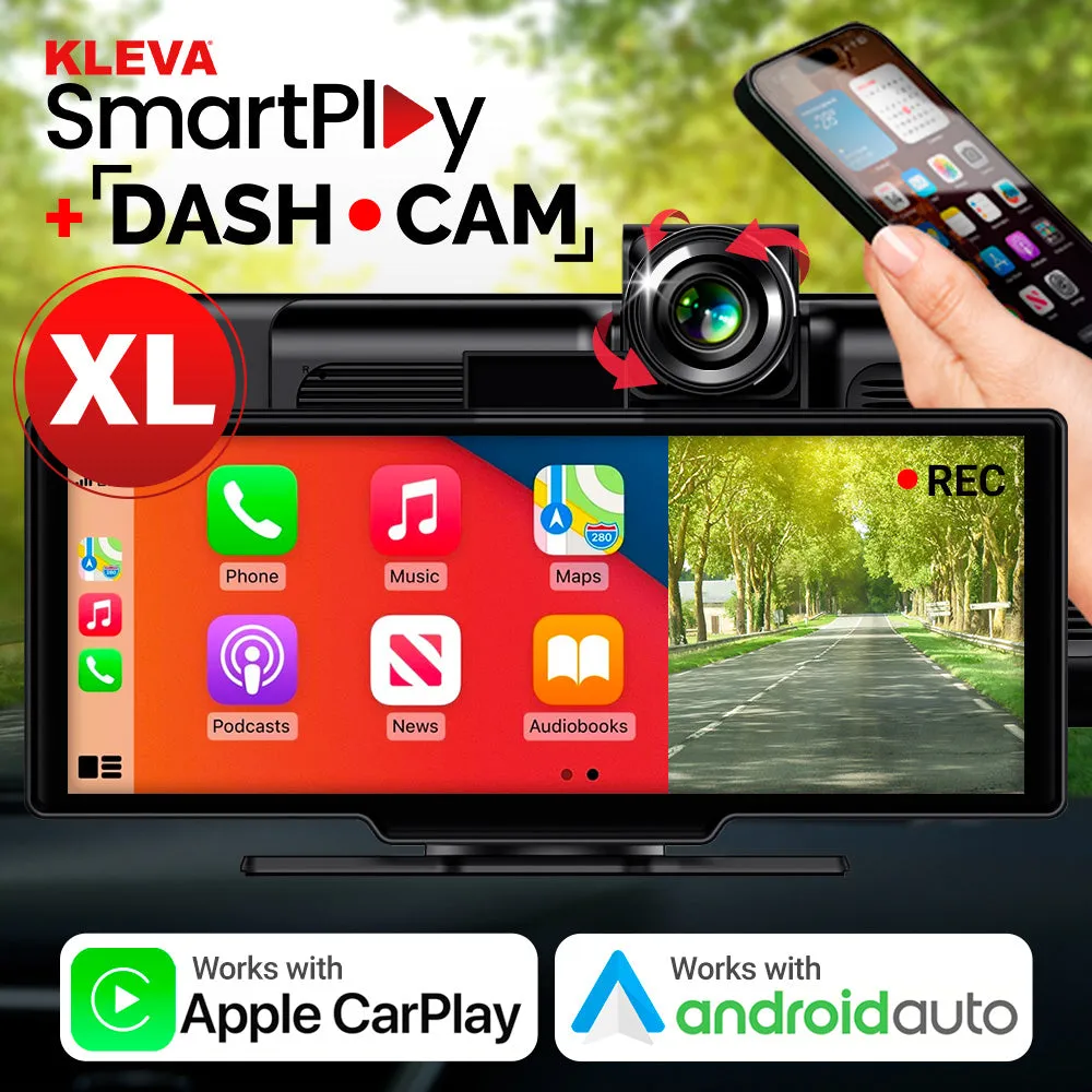 Kleva SmartPlay XL Plus Front & Rear Dash Cam 10" HD Universal Touchscreen - Apple CarPlay Android Auto Wireless