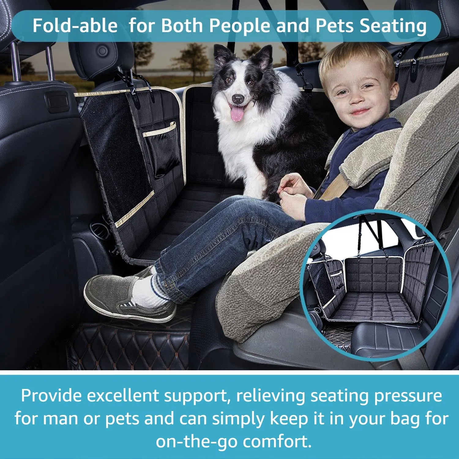 Lassie Back Seat Extender for Dogs Hard Bottom Waterproof Dog Hammock for Car, Heavy Duty Antislip Dog Car Seat Cover for Back Seat, Universal Pet Car Travel Bed Mattress for Kids, Dogs