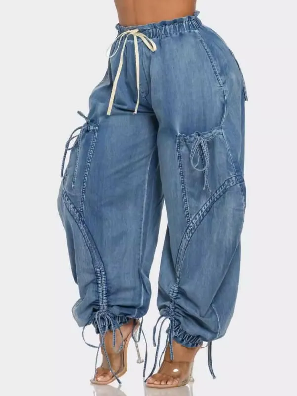 Loose Fit Straight Leg Jeans with Elastic Waistband in Blue Denim