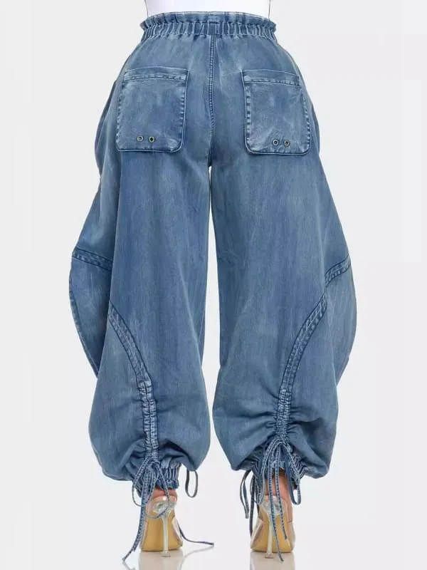 Loose Fit Straight Leg Jeans with Elastic Waistband in Blue Denim