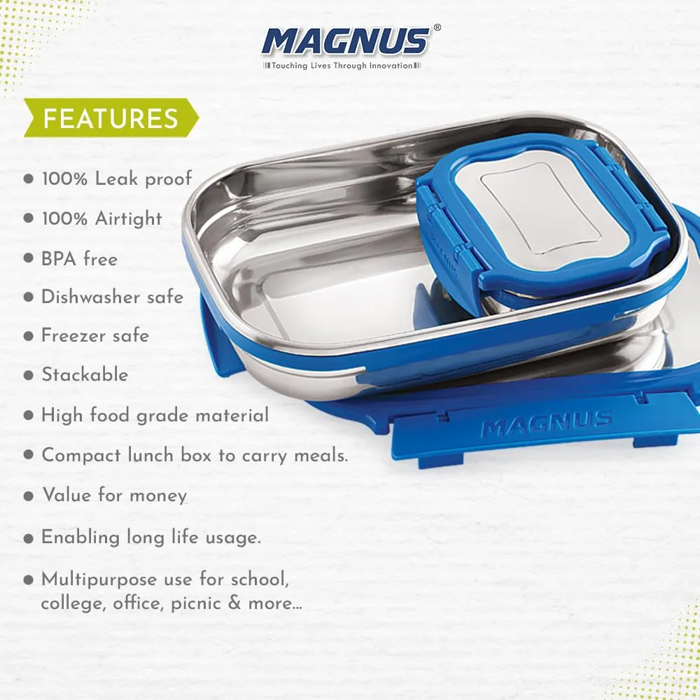 Magnus Bolt Deluxe Stainless Steel Lunch Box - Airtight & Leak Proof Tiffin, 2 Containers (800ml & 150ml), Ideal Lunch Box for Kids, Lunch Boxes for Office Men, Women & Picnic, Blue