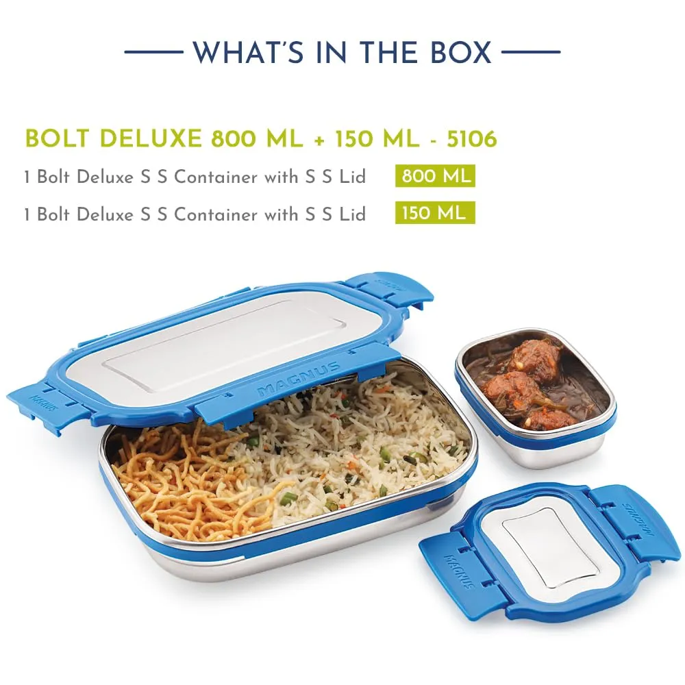 Magnus Bolt Deluxe Stainless Steel Lunch Box - Airtight & Leak Proof Tiffin, 2 Containers (800ml & 150ml), Ideal Lunch Box for Kids, Lunch Boxes for Office Men, Women & Picnic, Blue